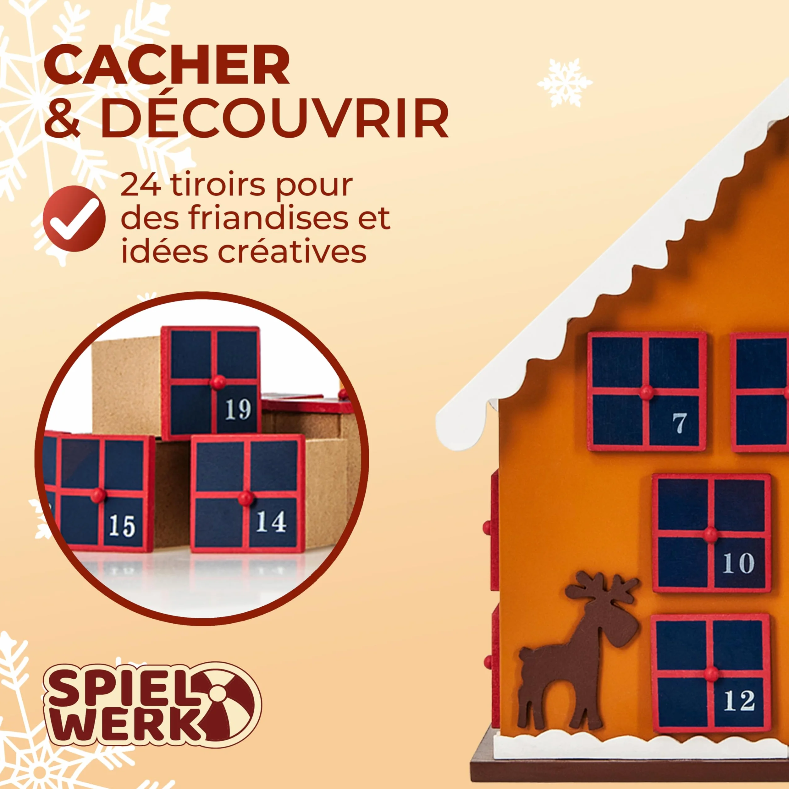 Spielwerk Calendrier de l'Avent en Bois Réutilisable 24 Tiroirs Maison en Pain d'épices