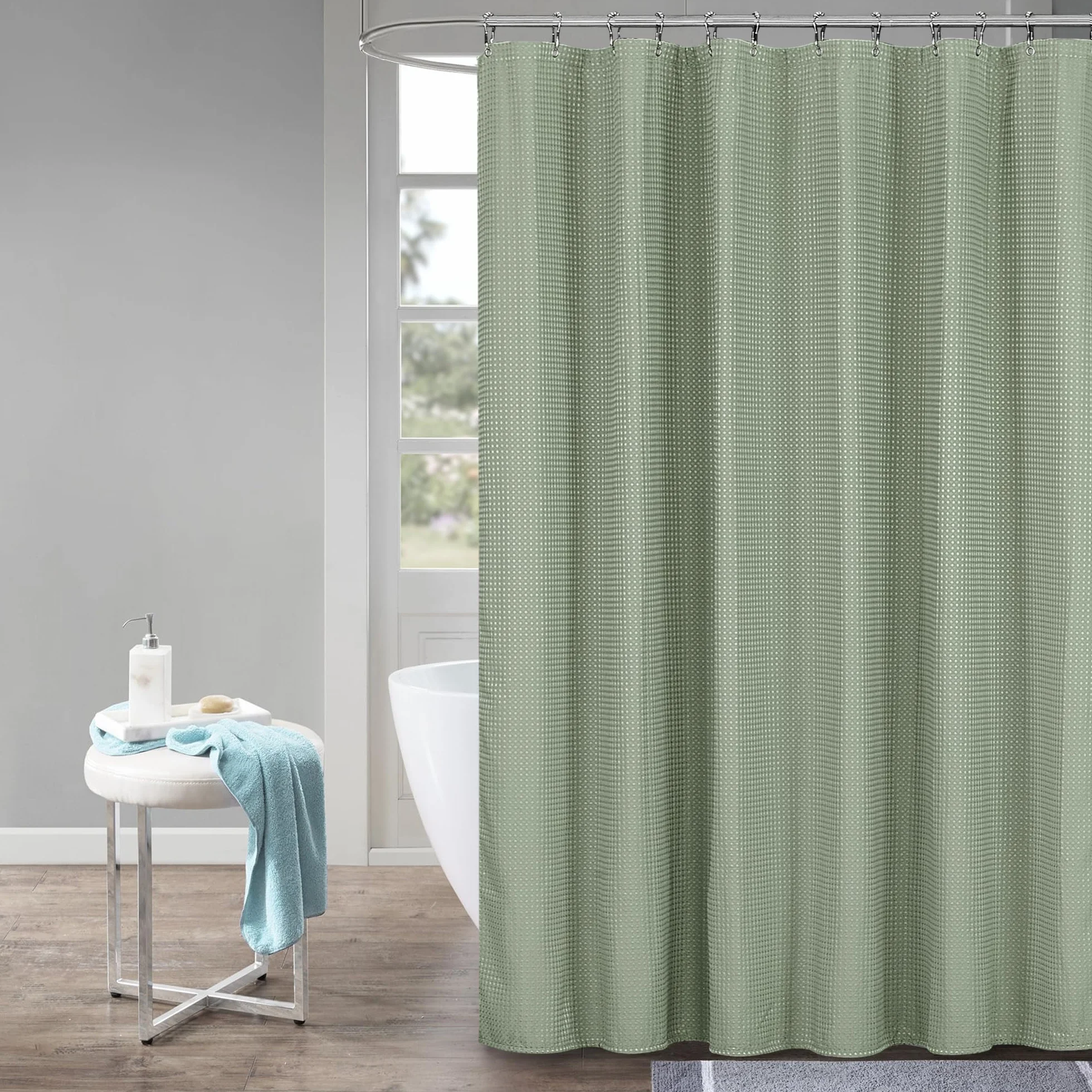 Rideau de Douche en Tissu Polyester Lavable en Machine Imperméable 183 x 183 cm avec 12 Crochets Vert