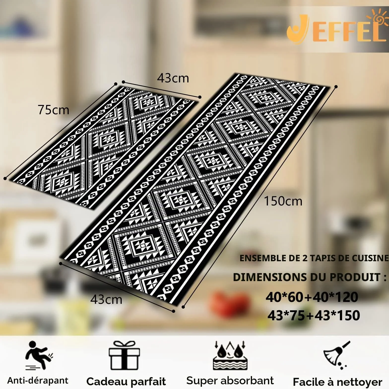 Tapis de Cuisine Antidérapants Lavables Anti-Fatigue 43x75+43x150cm Lot de 2