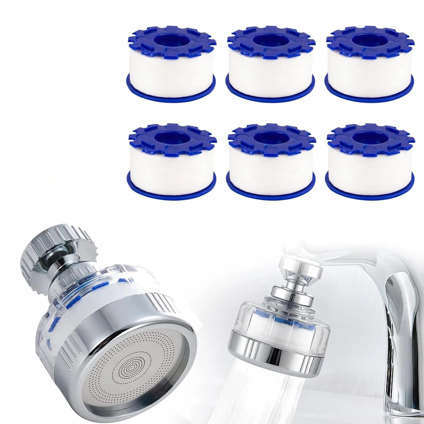 Filtre à eau Robinet Anti Calcaire avec 6 éléments Filtrants en coton PP, Tête de Pulvérisateur Rotatif 360°