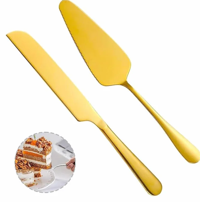 Ensemble de couverts à gâteau en acier inoxydable, couteau et spatule, doré (2 pièces)