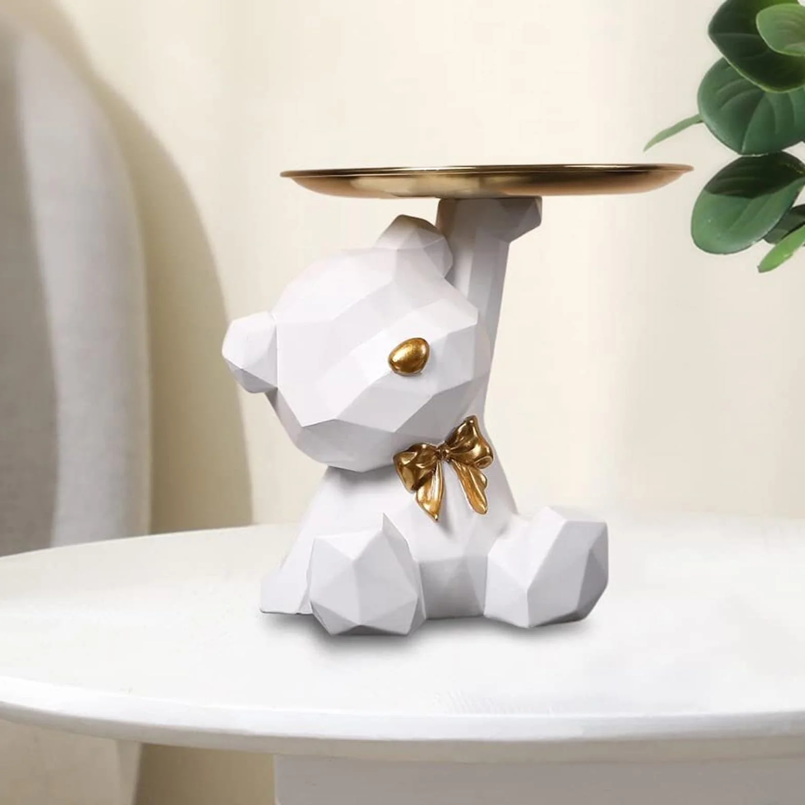 Sculpture d'Ours en Résine Plateau Décoratif, Statue de Rangement Mignon (Blanc)