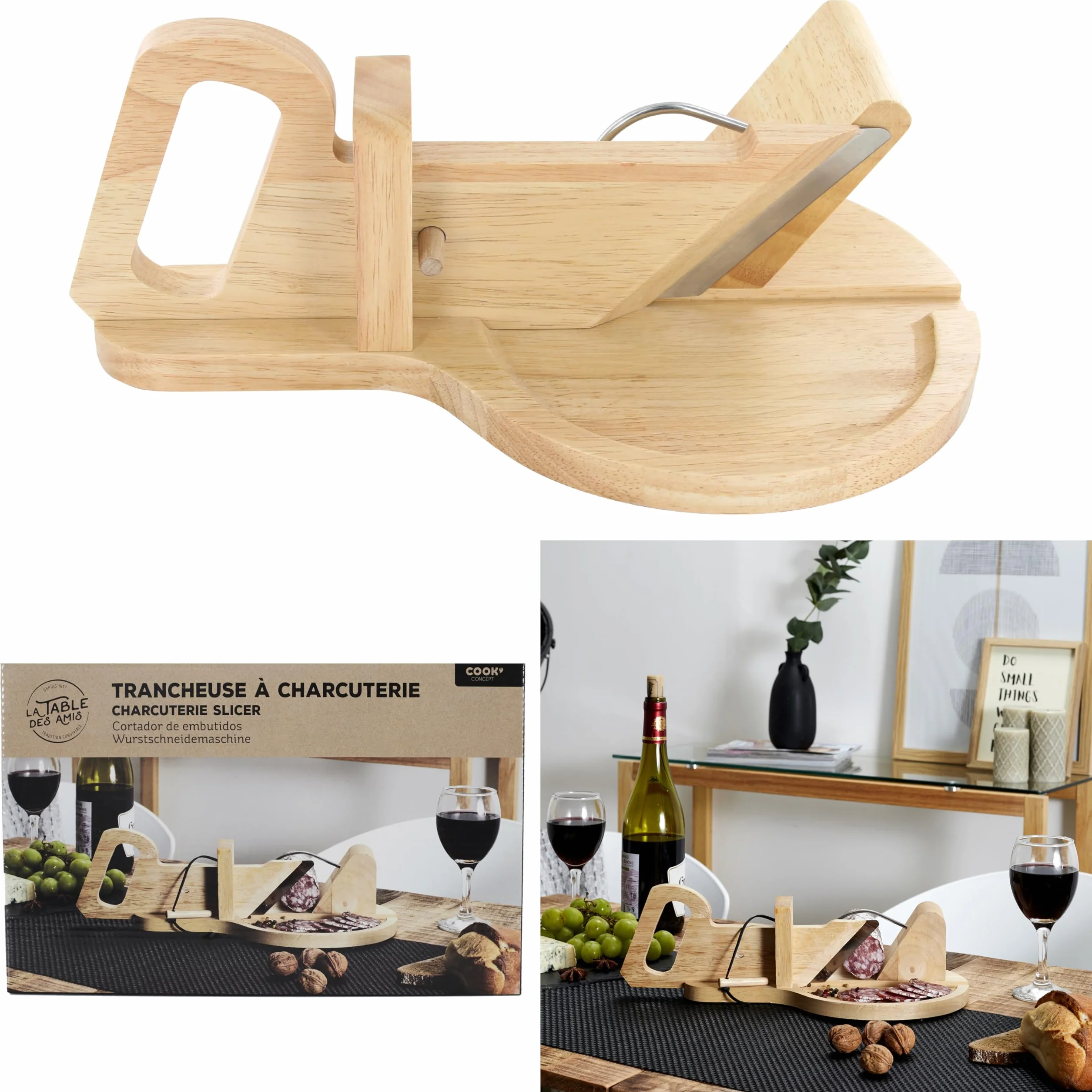Trancheuse Guillotine Coupe Charcuterie Saucisson Manuelle Ronde Bois Inox Marron