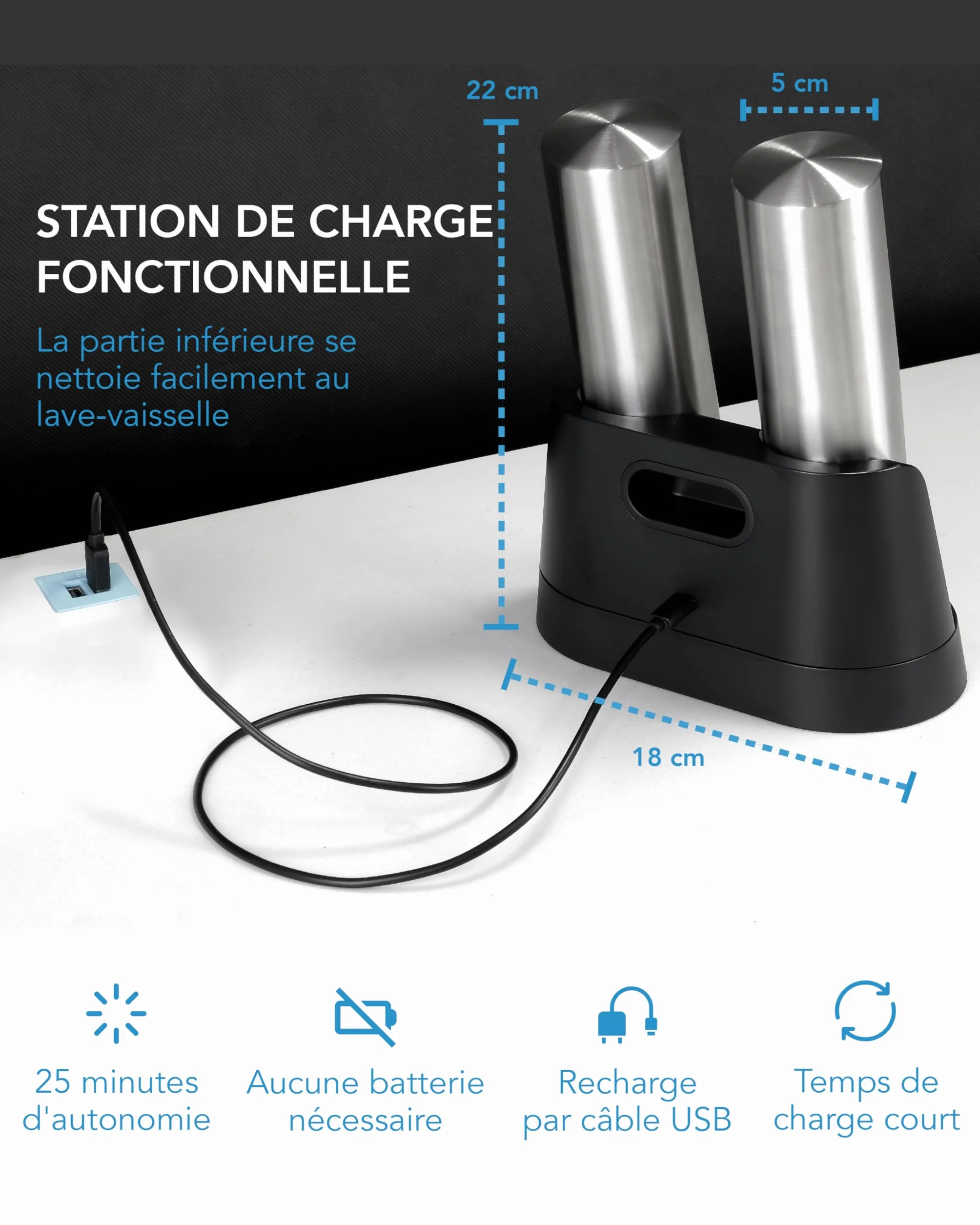 Moulin à sel et poivre électrique rechargeable LEBENLANG avec batteries