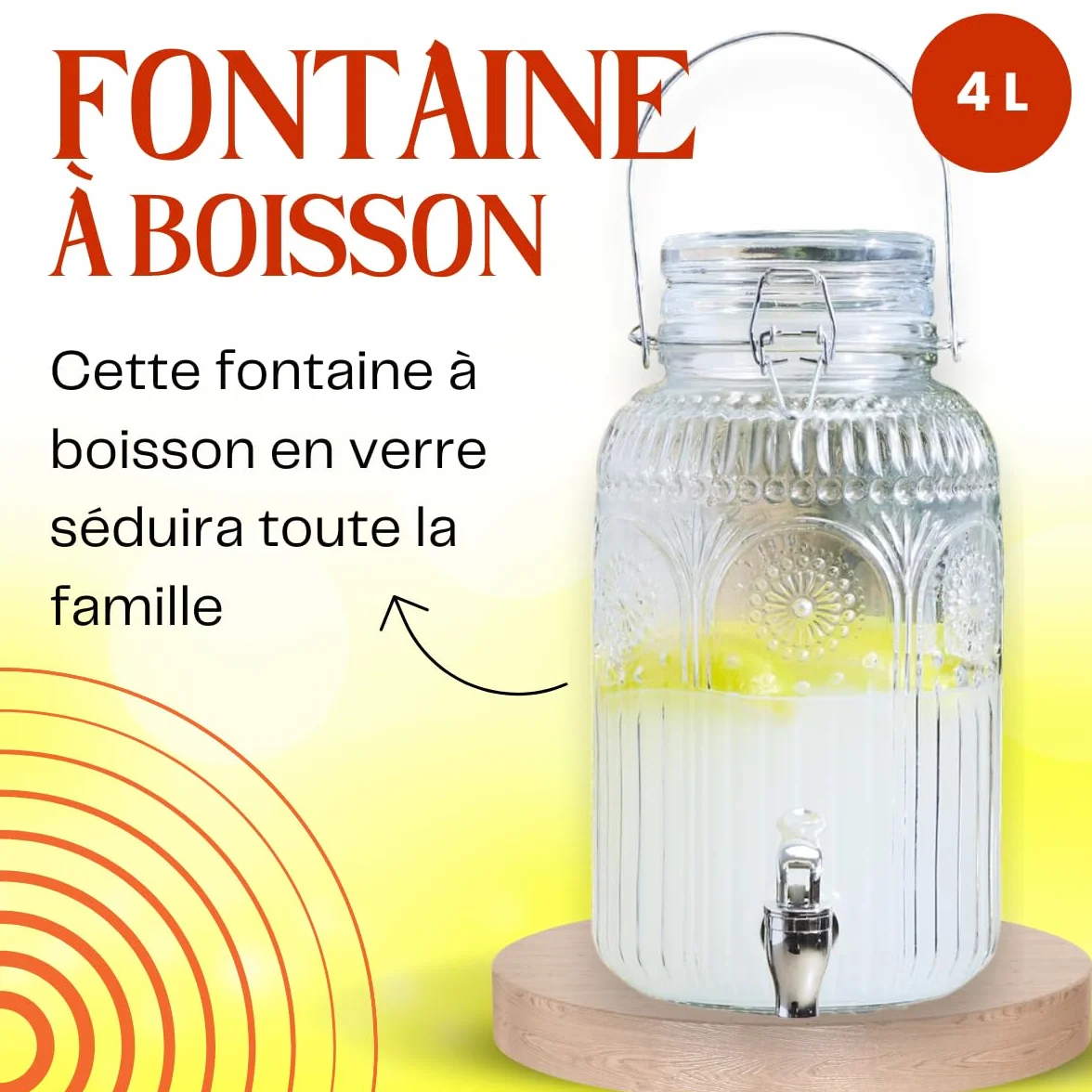 Distributeur Boisson avec Robinet 4 L - Fontaine à Eau et Cocktail en Verre - Jarre pour Fêtes et Anniversaires