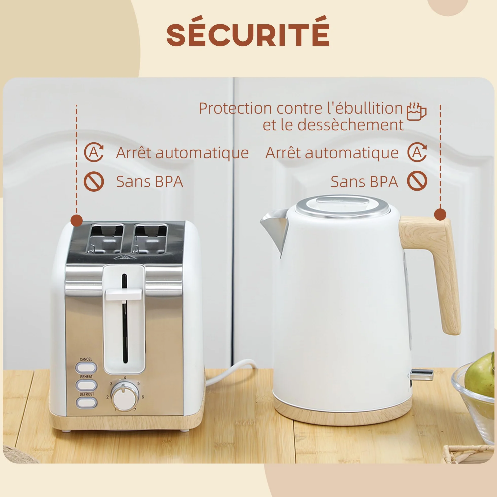 HOMCOM Bouilloire et Grille-Pain 2200W, 1,7 L Acier Inoxydable, 2 Tranches, 7 Niveaux de Brunissage, Blanc