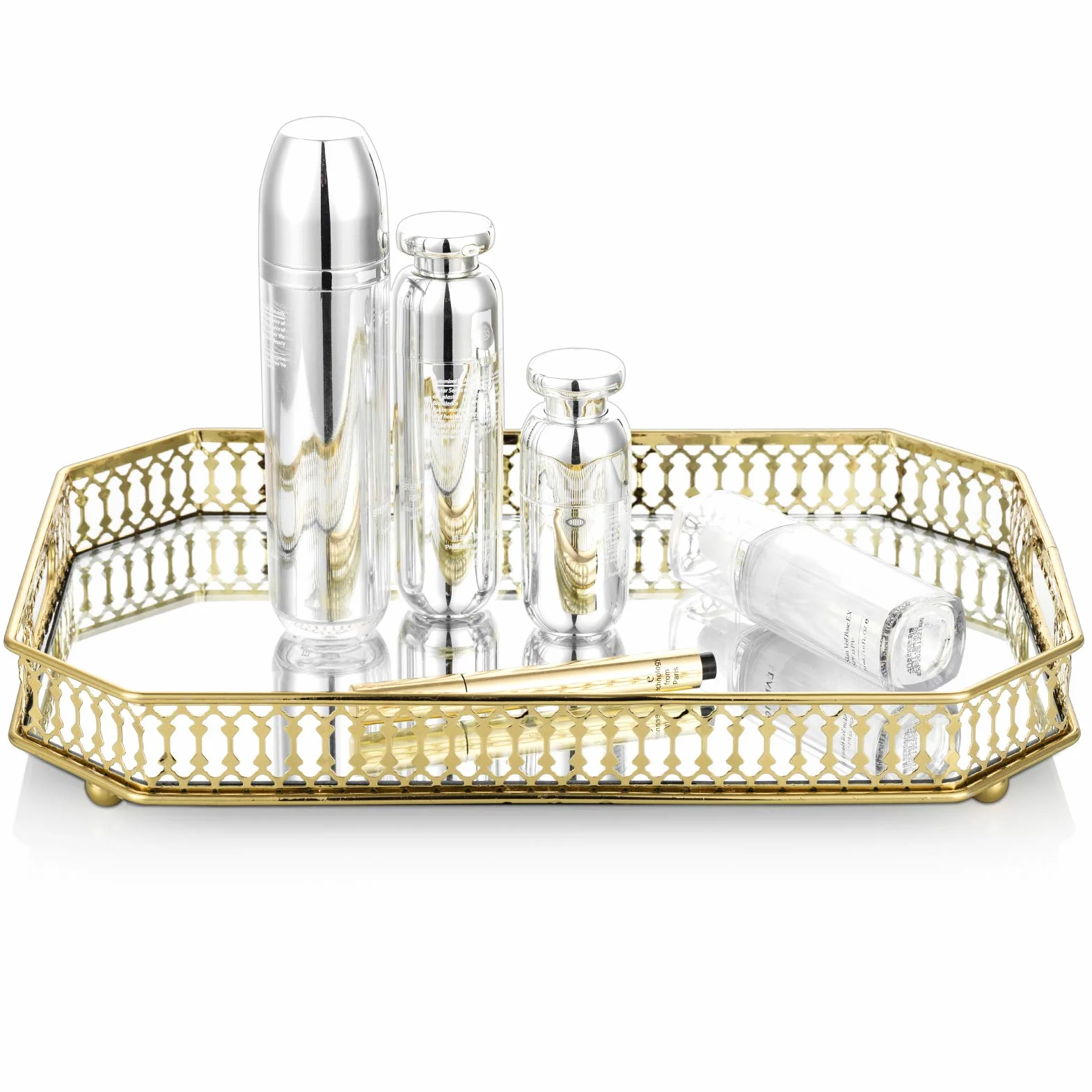 Plateau Décoratif Orné Miroir en Métal Bougeoir Serpent Rangement Table Fruits Bijoux Cosmétiques
