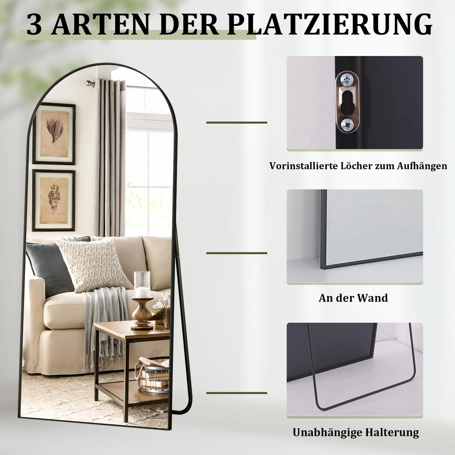 BEAUTYPEAK Miroir pleine longueur arqué 165 x 60 cm sur pied noir
