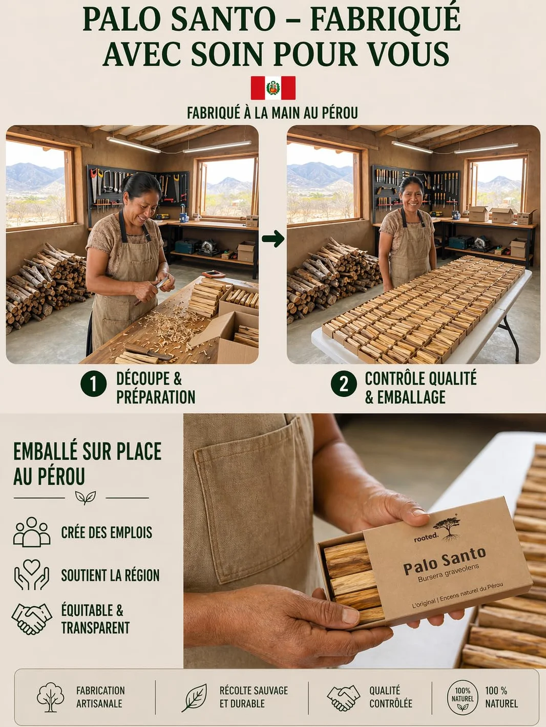 rooted.® L'Original Palo Santo - Bois sacré du Pérou - Encens - Méditation et Purification - Récolte Durable