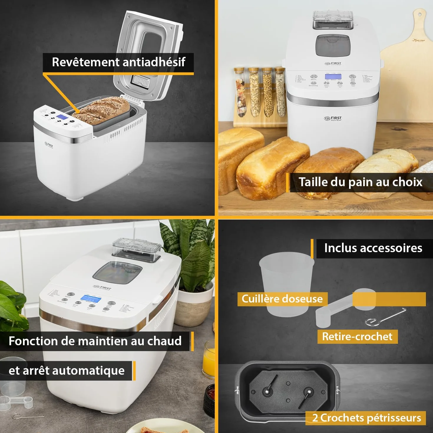 Machine à Pain 850W First Austria 14 Programmes Automatiques 900g 1350g Dorement Réglable Minuterie Maintien au Chaud