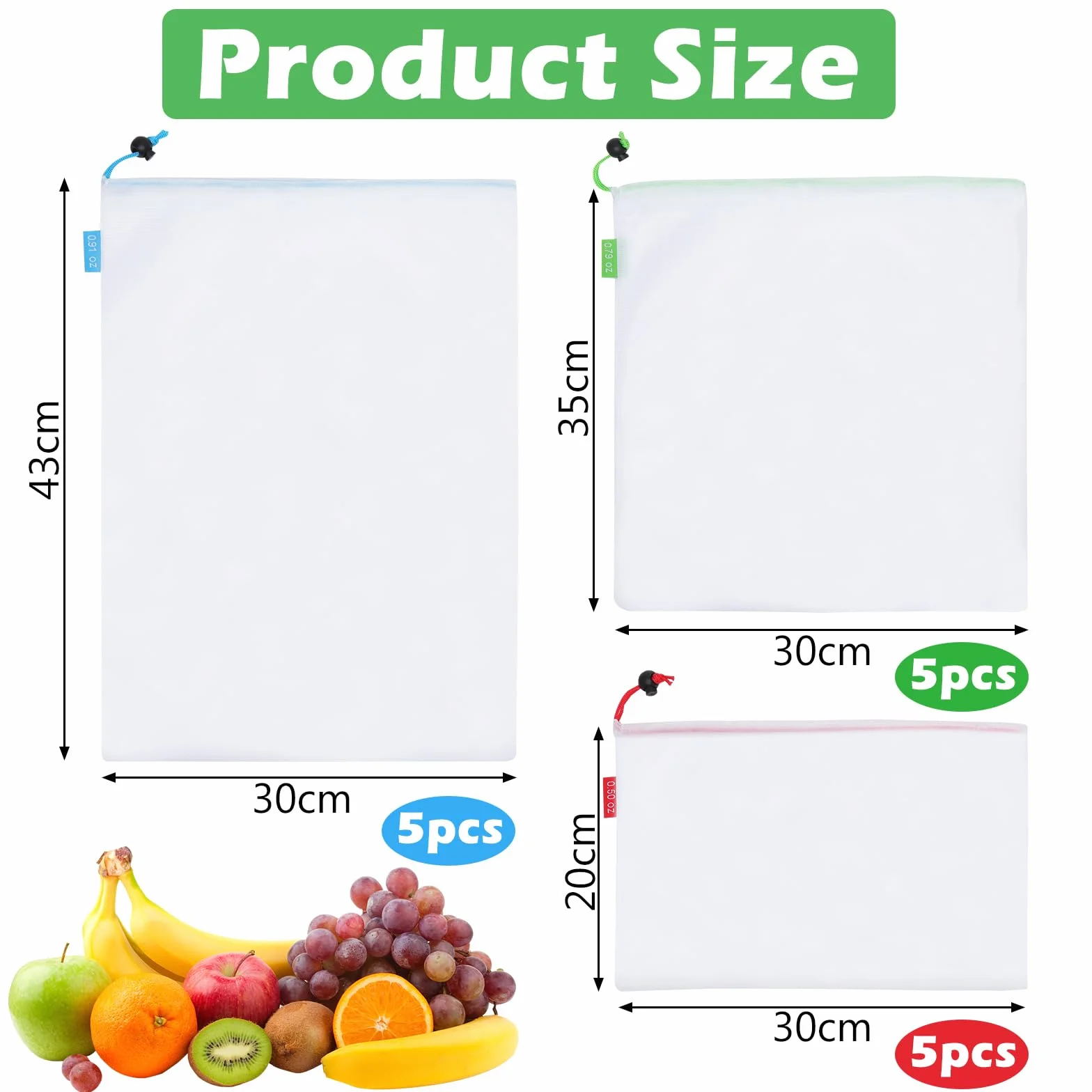 Sacs de Rangement réutilisables en Filet pour Fruits et Légumes avec Cordon de Serrage, 3 Tailles