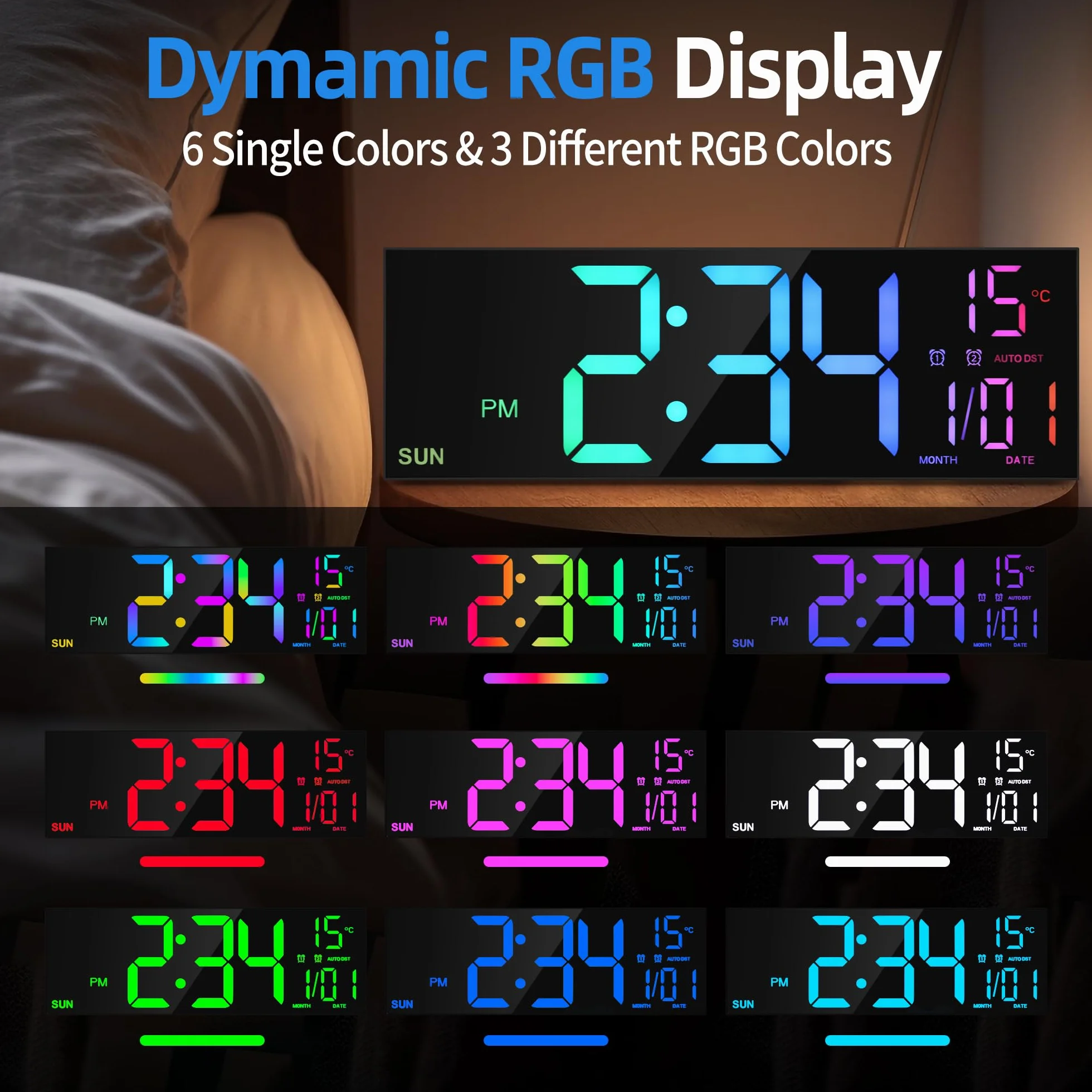 HAITANG Grande Horloge Murale Numérique 16" RVB LED Double Alarme Télécommande Température