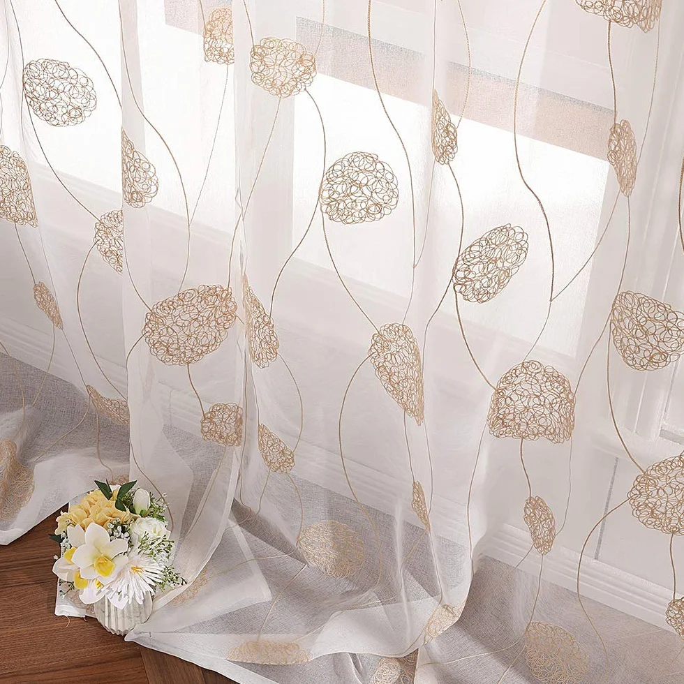 MIULEE Rideau Voilage Blanc à Oeillets avec Or Motif Broderie, Lot de 2 Rideaux Tulle Transparent 140x225cm pour Salon Chambre
