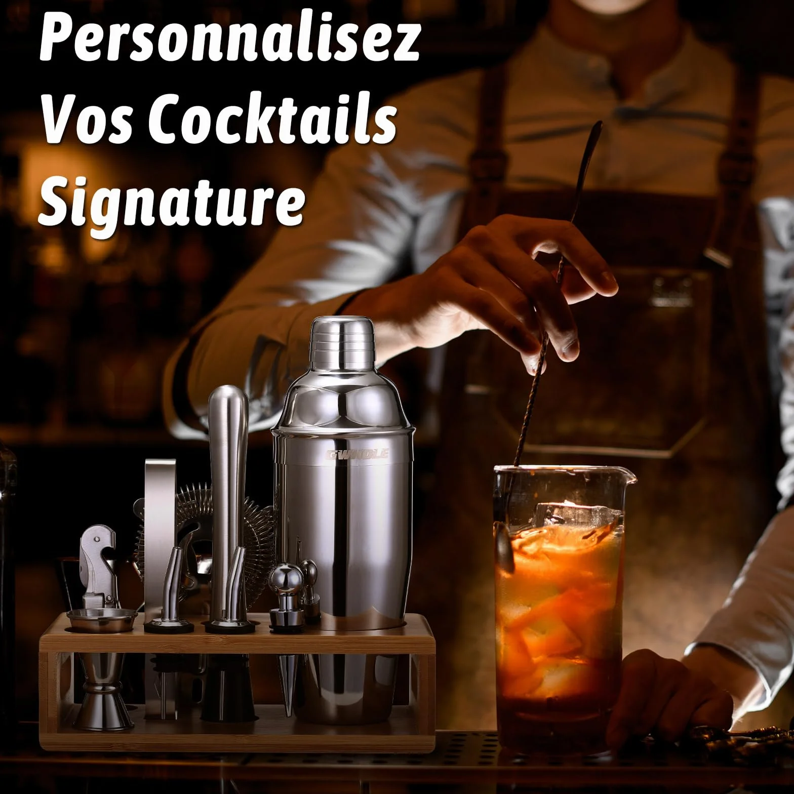 Kit Shaker à Cocktail en Acier Inoxydable GWHOLE avec Support Bois et Recette