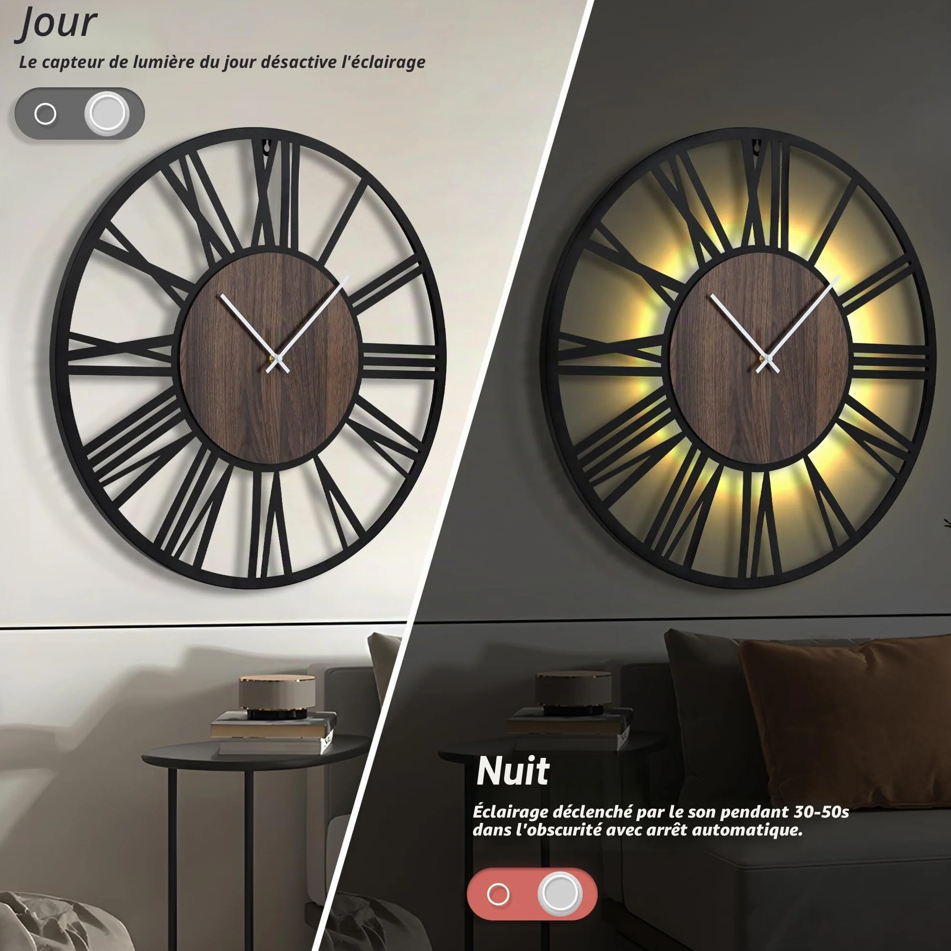 Maxstar Horloge Murale 80cm Silencieuse Style Bois Métal LED Moderne Chiffres Romains Noir