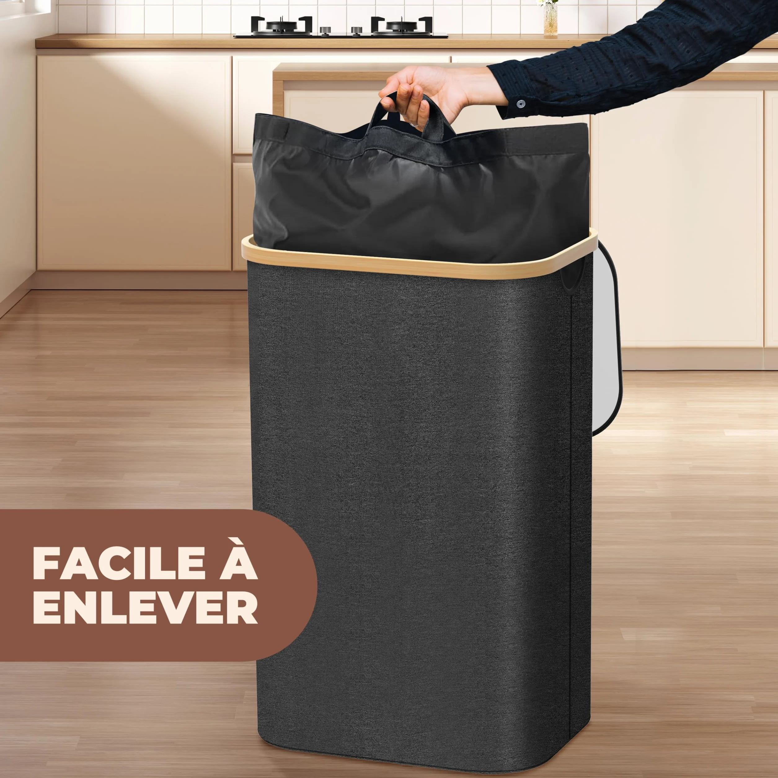 Poubelle Cuisine Tri Sélectif 100L Noir – Bac Recyclage Double Compartiment Bambou