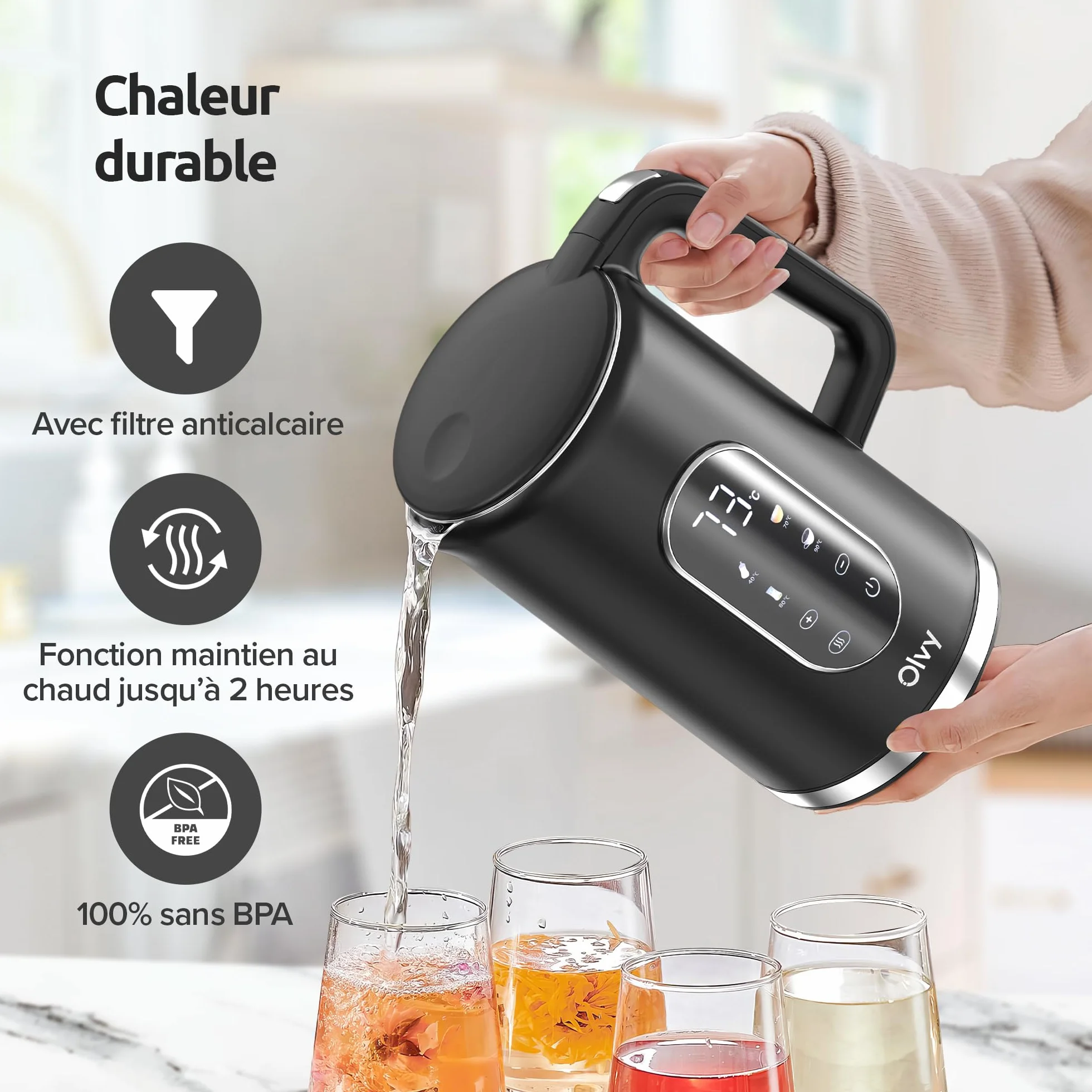 Bouilloire Électrique Olvy 1,7 L 2200W Double Paroi Inox Chauffe-Eau Rapide