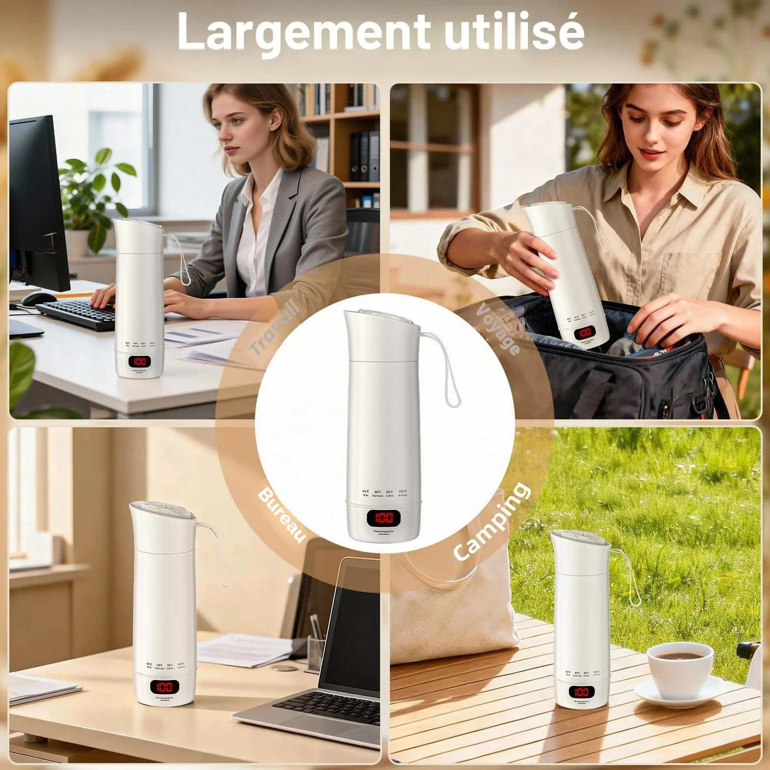 Mini Bouilloire Électrique Portable 400 ML 3 en 1 avec 4 Niveaux de Température, Doublure Acier Inoxydable 304