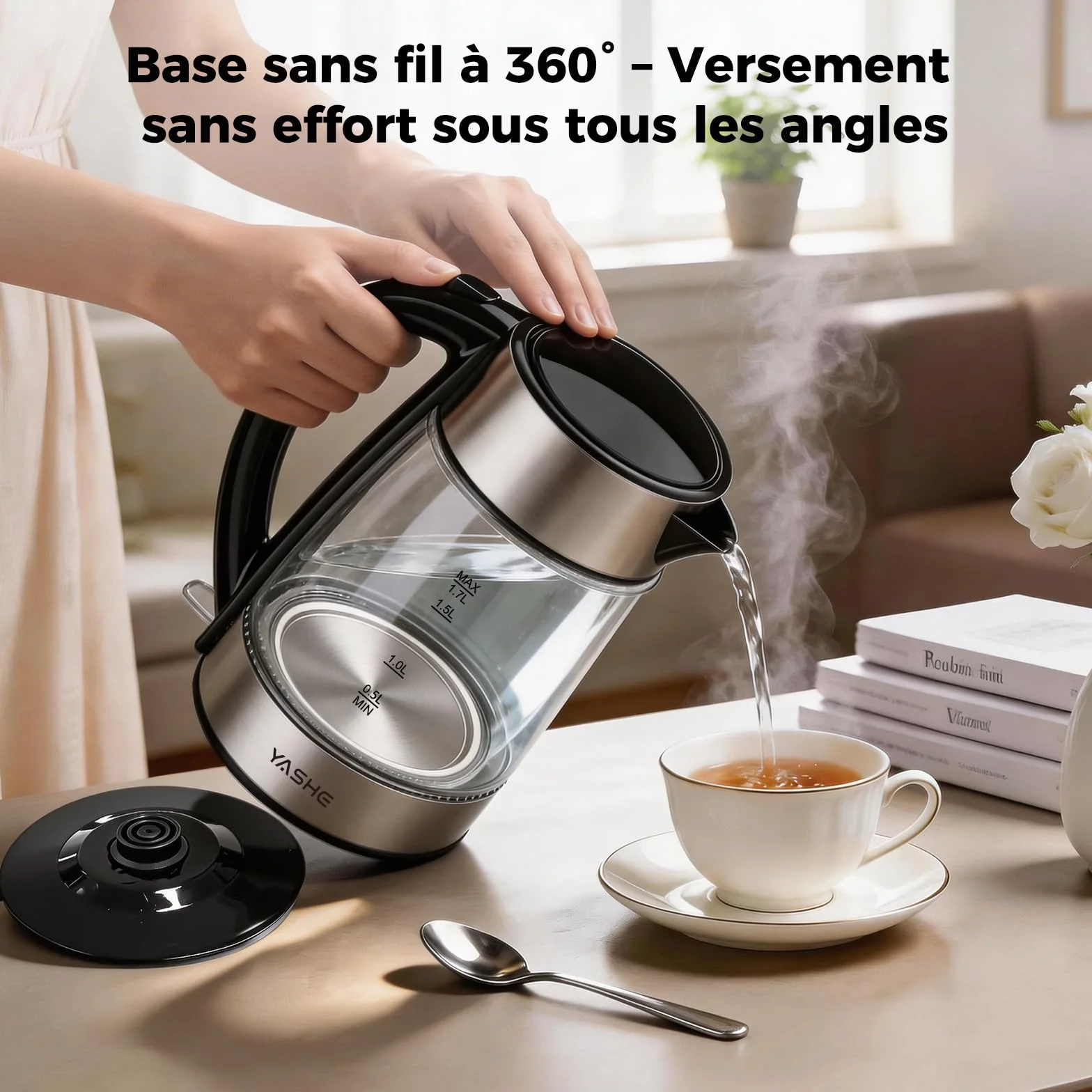 Bouilloire Électrique en Verre 1,7L 2200W avec LED Bleue et Filtre Anticalcaire