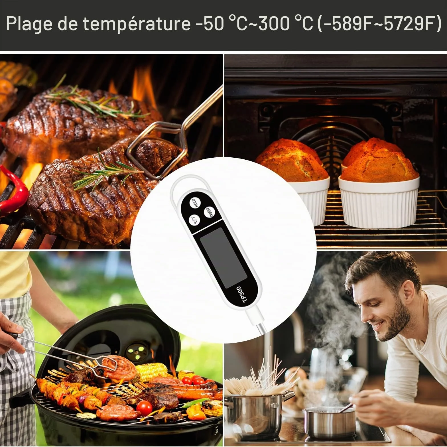Termomètre Cuisine LCD Longue, Thermomètre Barbecue Digital Alimentaire pour Patisserie BBQ Viande