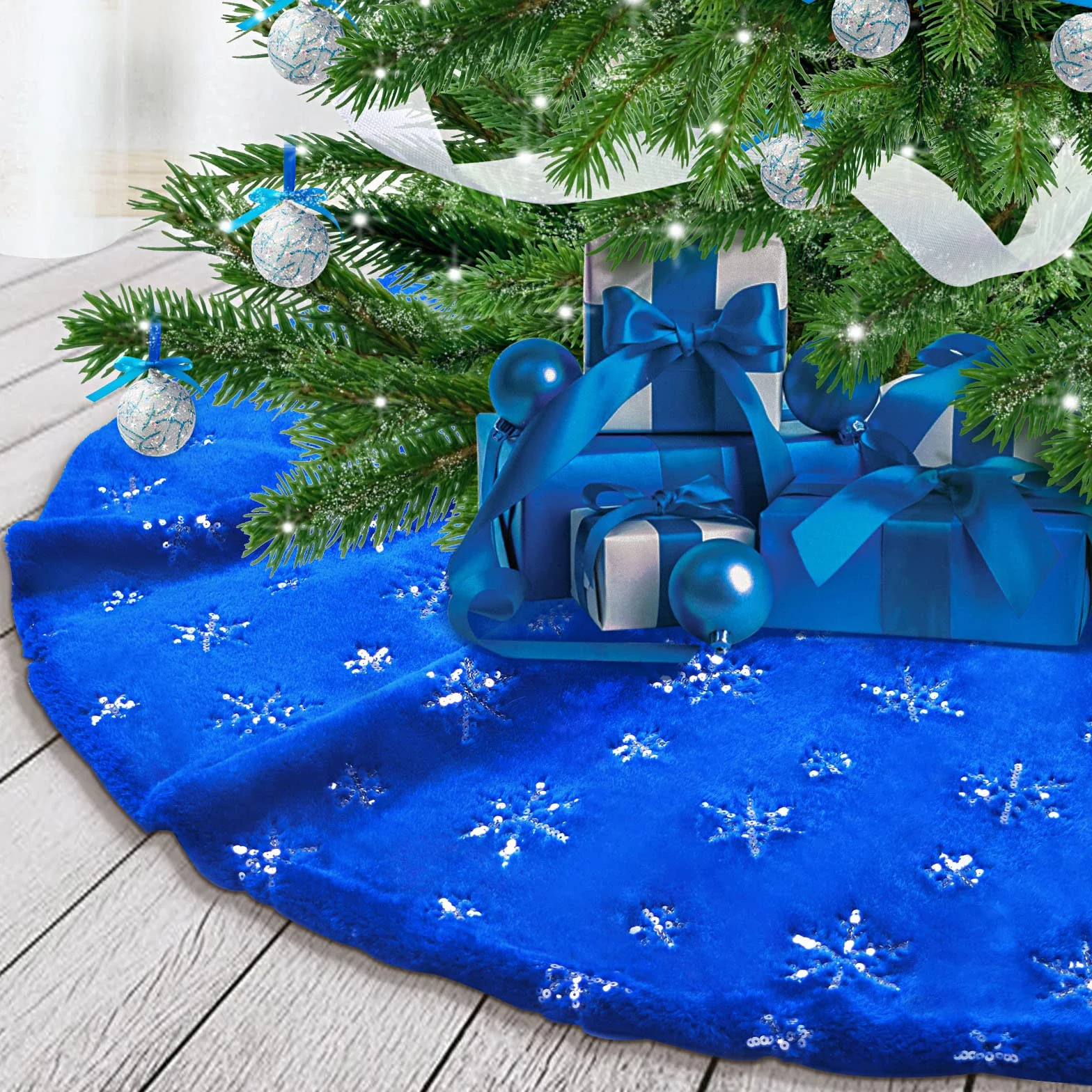 Jupe de Sapin de Noël Bleu Peluche 78cm avec Flocons de Neige Argent Paillettes Couvre-pied Tapis