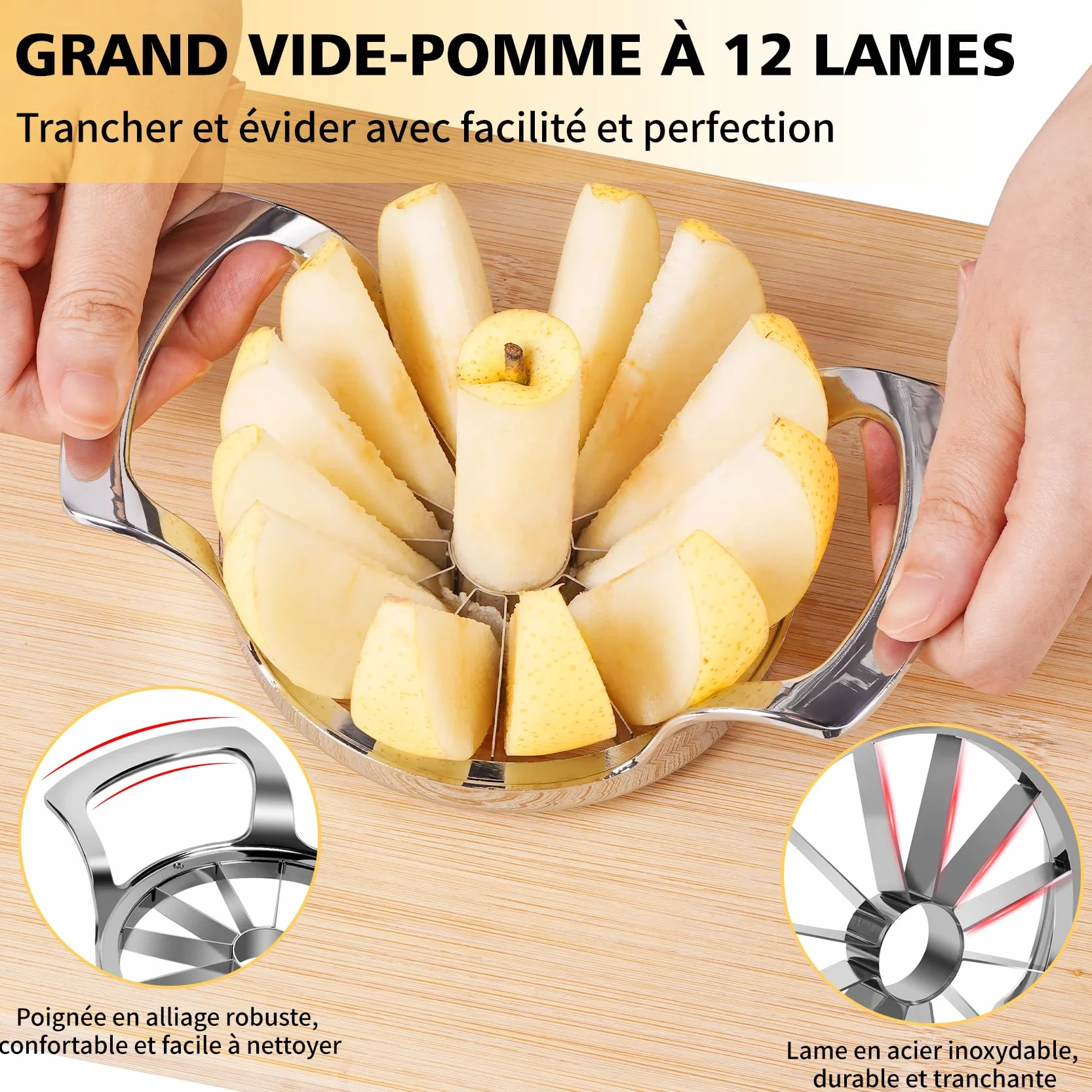Coupe Pomme en Acier Inoxydable 12 Lames Extra-large, Trancheuse de Pomme Robuste