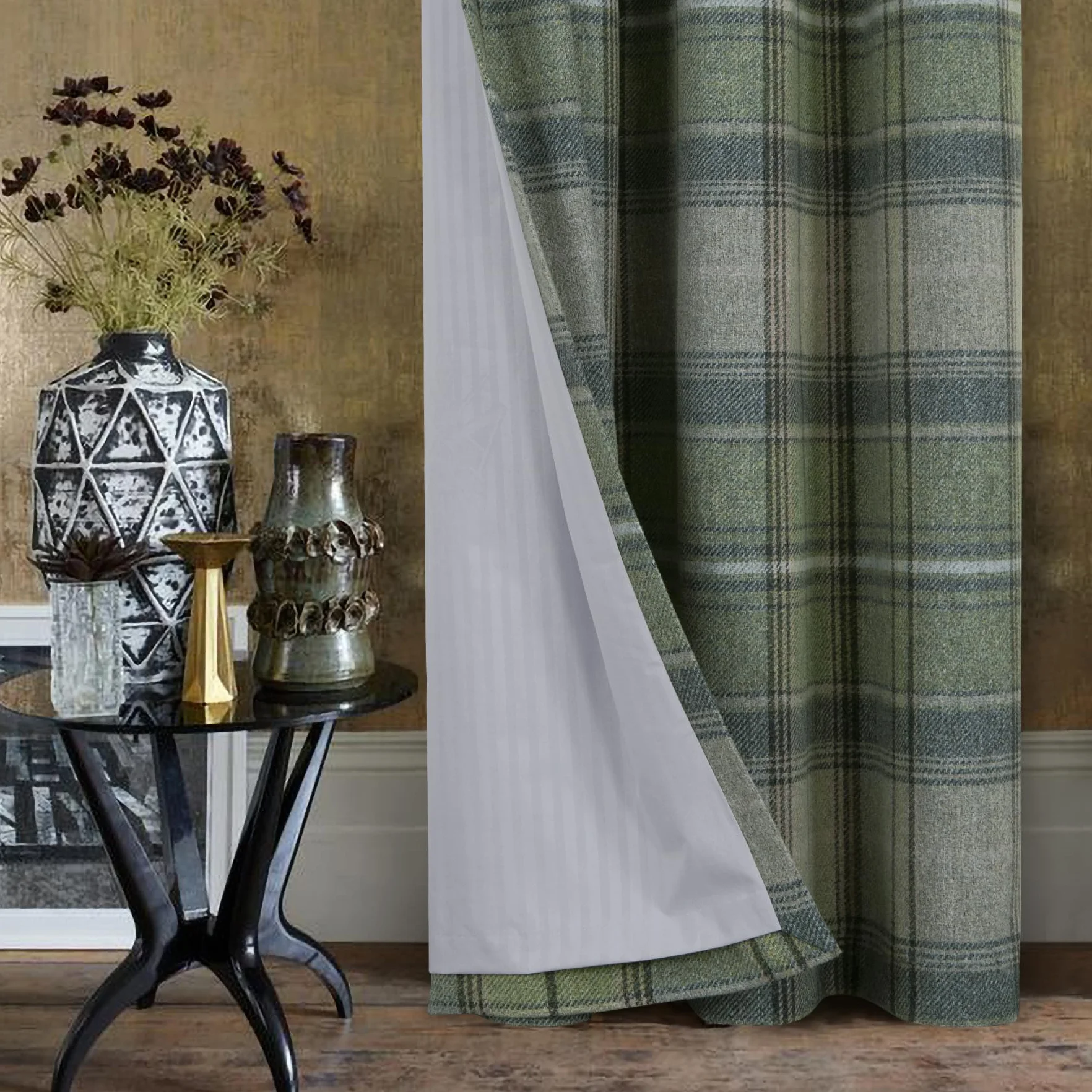 always4u Rideaux occultants œillets 117 x 183 cm Vert Tartan brossé Laine Highland