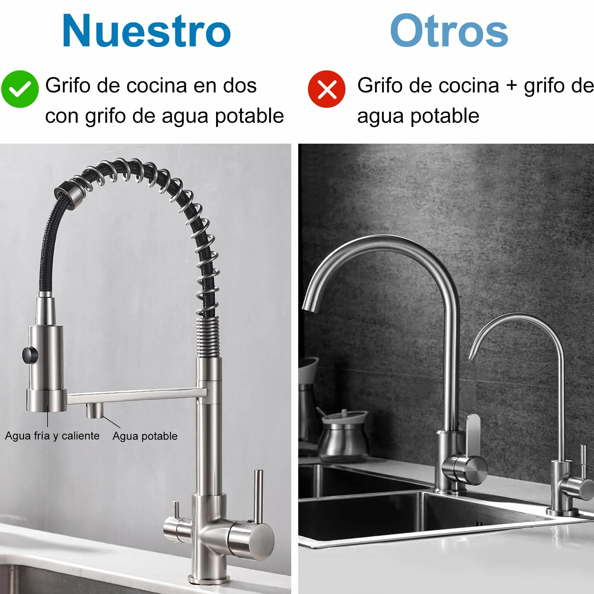 Robinet de cuisine 3 voies extensible en laiton 3 en 1 pour filtre à eau Nickel brossé