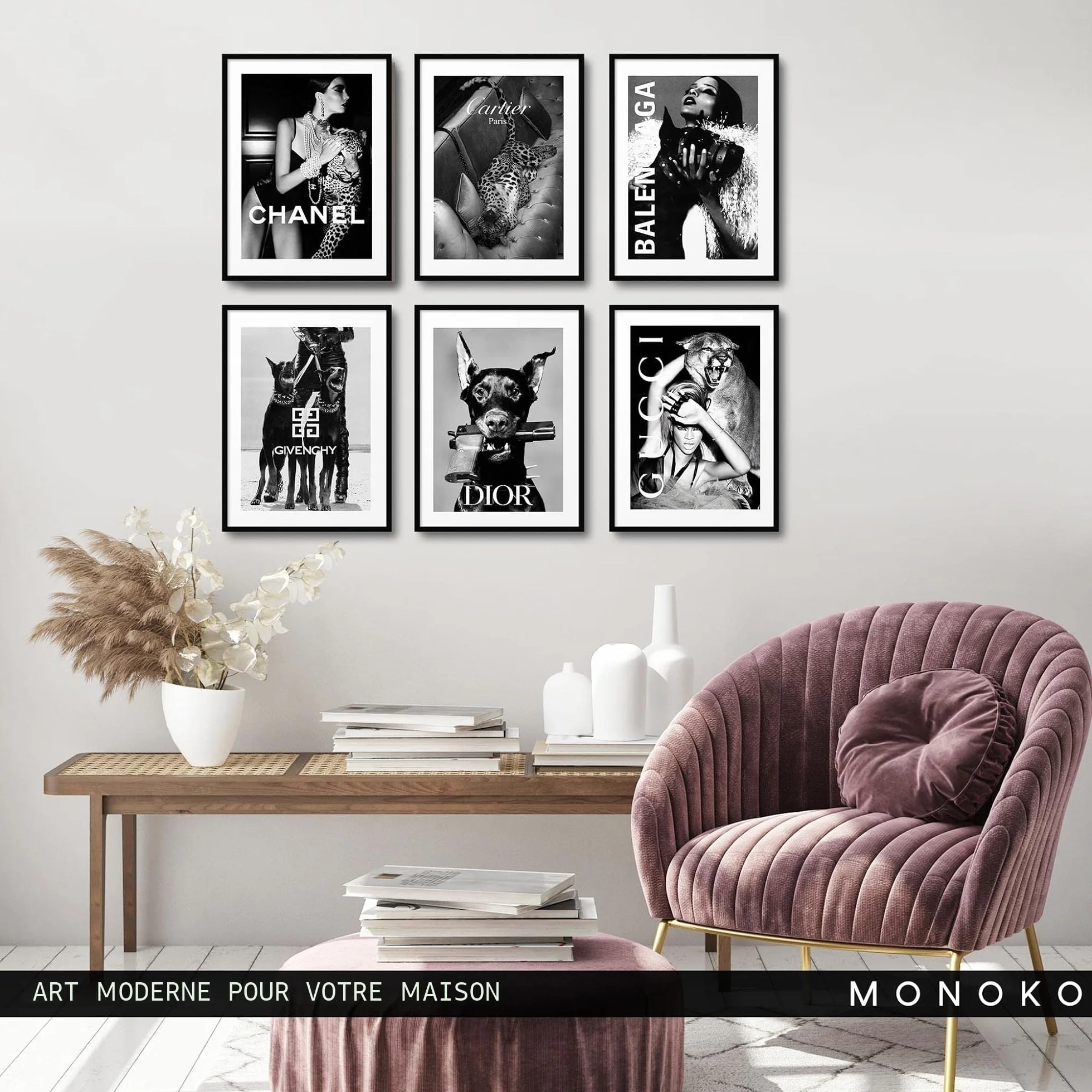 Lot de 6 posters muraux modernes Noir et blanc MONOKO® pour salon chambre à coucher A4
