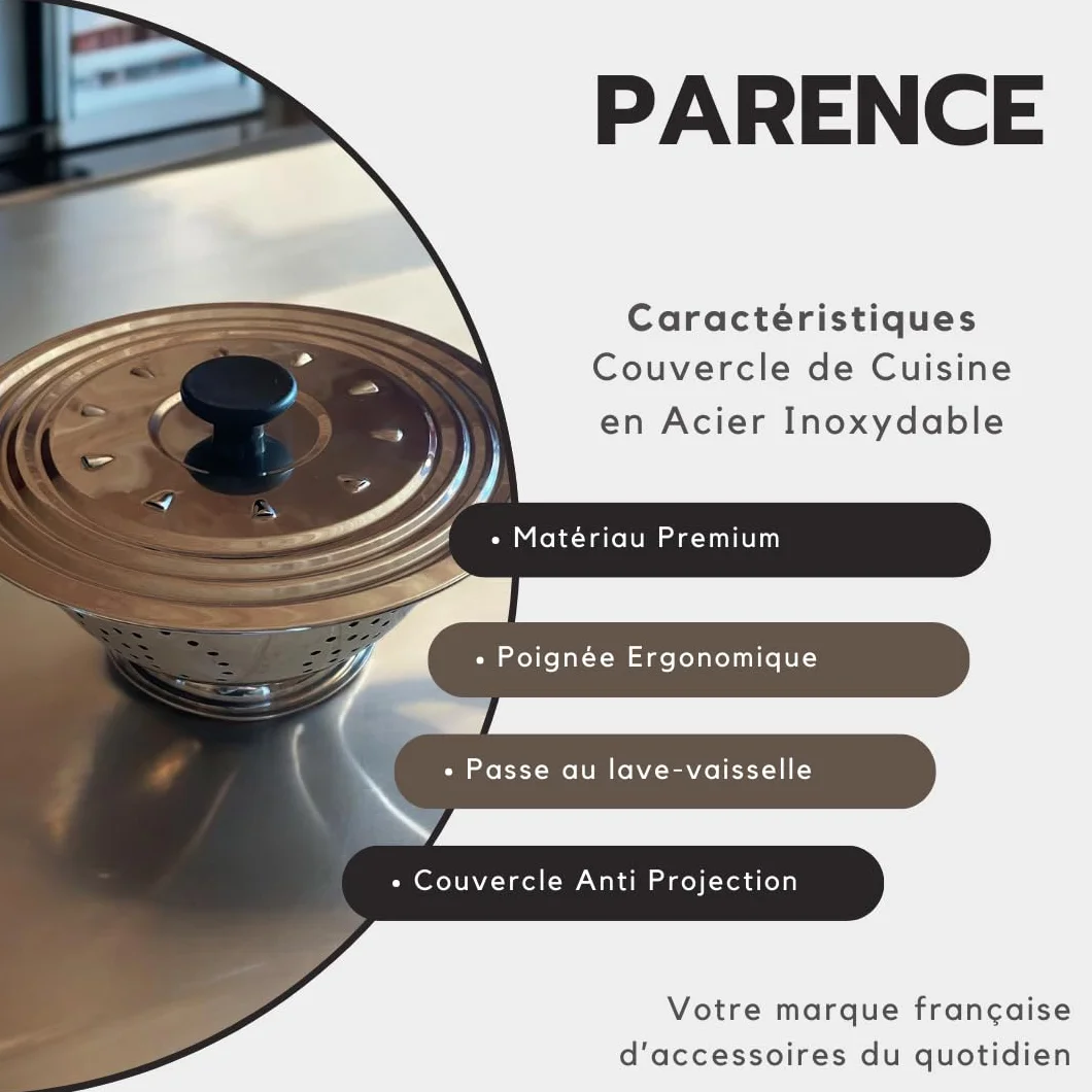 Couvercle de Cuisine en Acier Inoxydable 16-24 cm Anti Projection avec Poignée Ergonomique Argenté