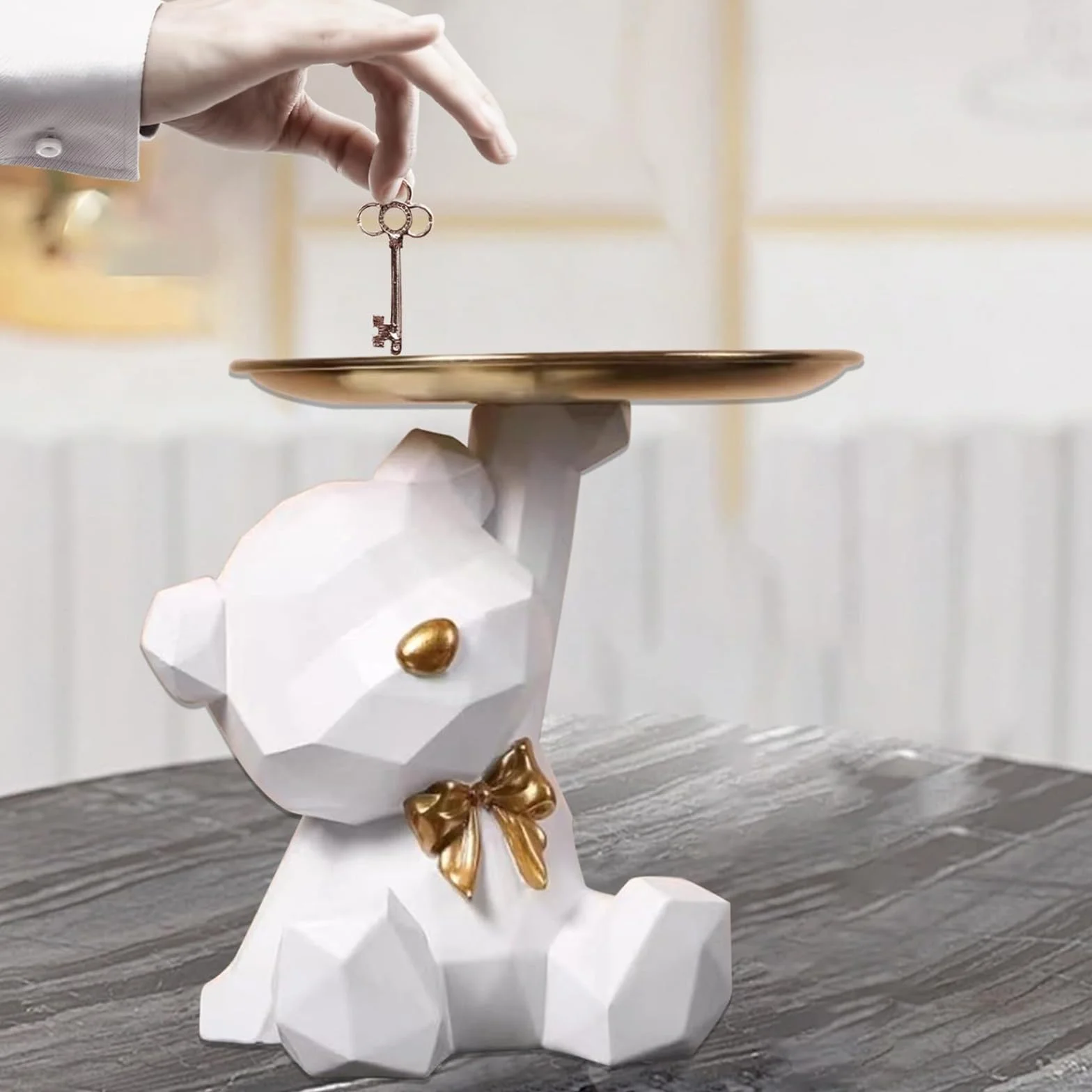 Sculpture d'Ours en Résine Plateau Décoratif, Statue de Rangement Mignon (Blanc)