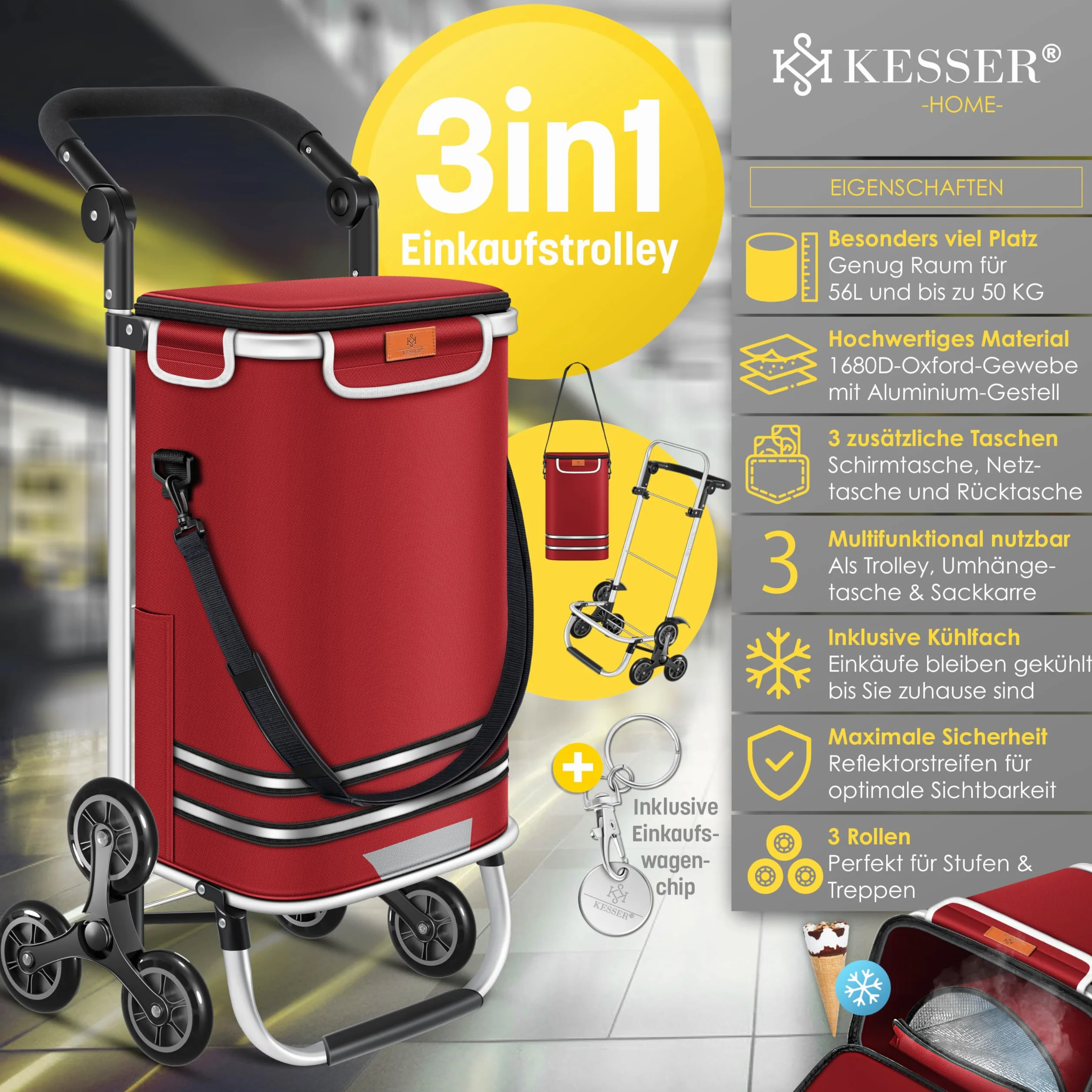 KESSER Chariot à provisions 56 L 50 kg pliable 3 en 1 avec compartiment réfrigérant Bordeaux