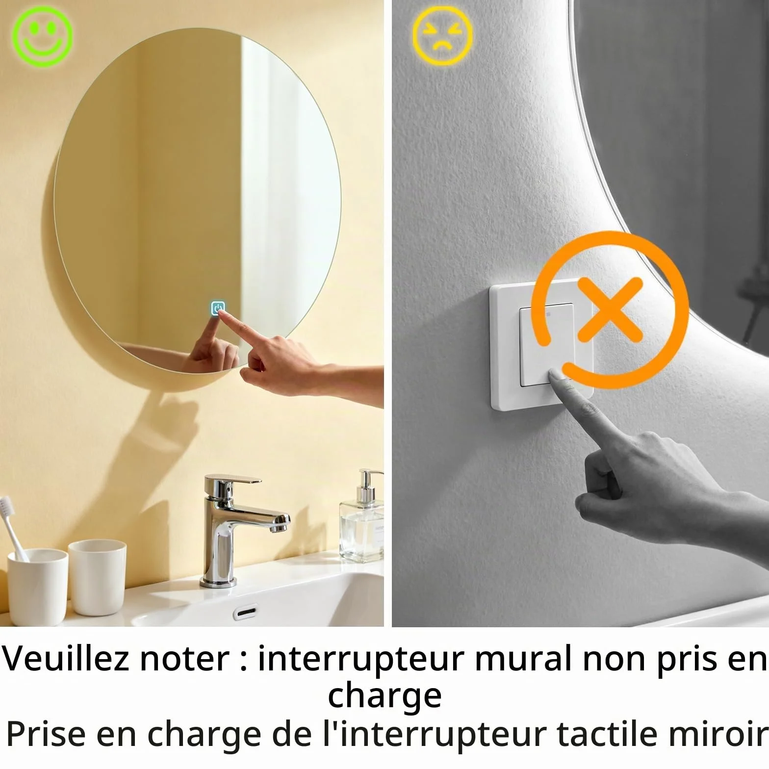 Miroir Salle de Bain LED Rond 50cm, 3 Couleurs Lumière Dimmable, Interrupteur Tactile