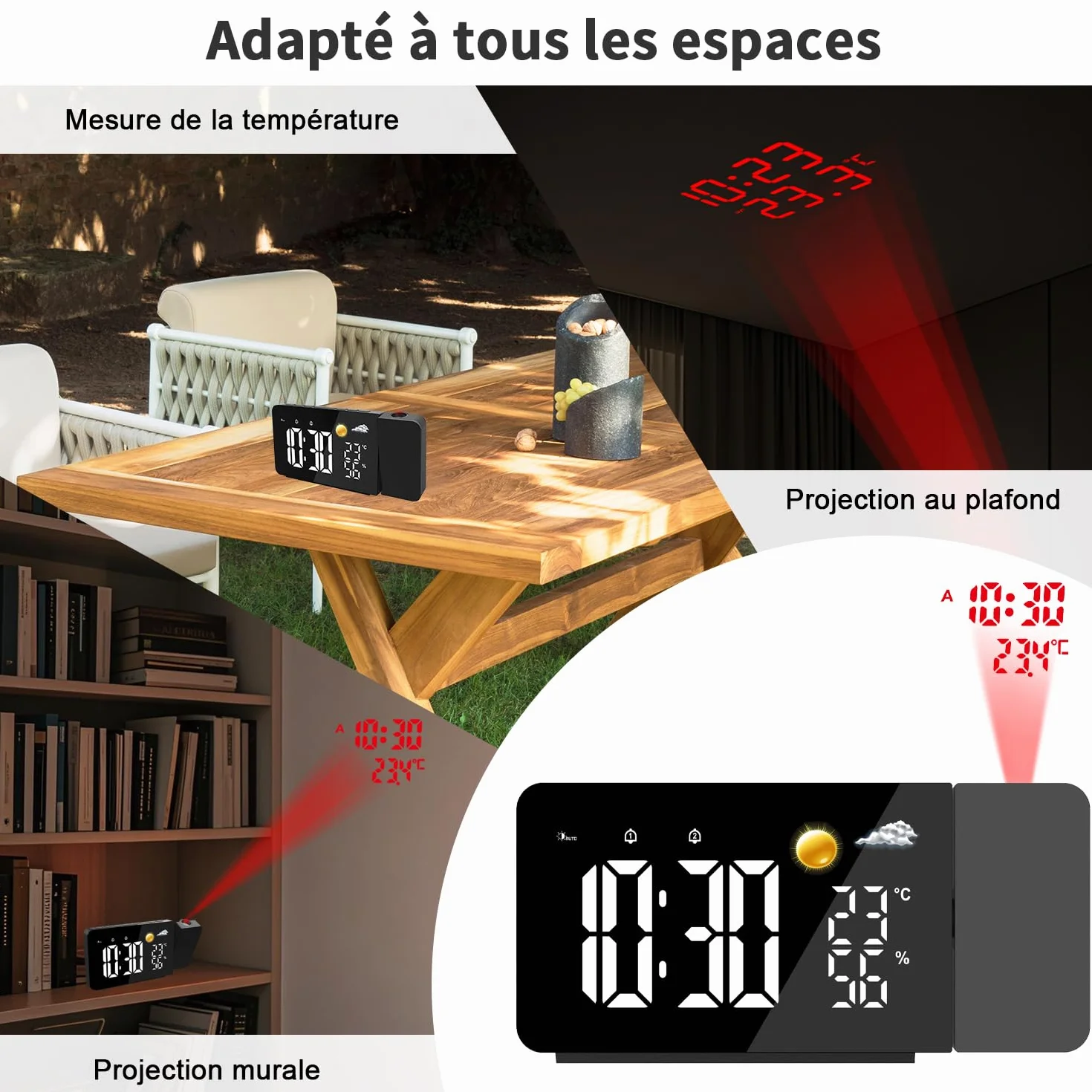Uzoli EM3211A Réveil-projecteur Plafond LED avec Prévisions Météo 8h, Température et Humidité, 2 Alarmes, Snooze, Projection Rotative 180°, 10 Sonneries