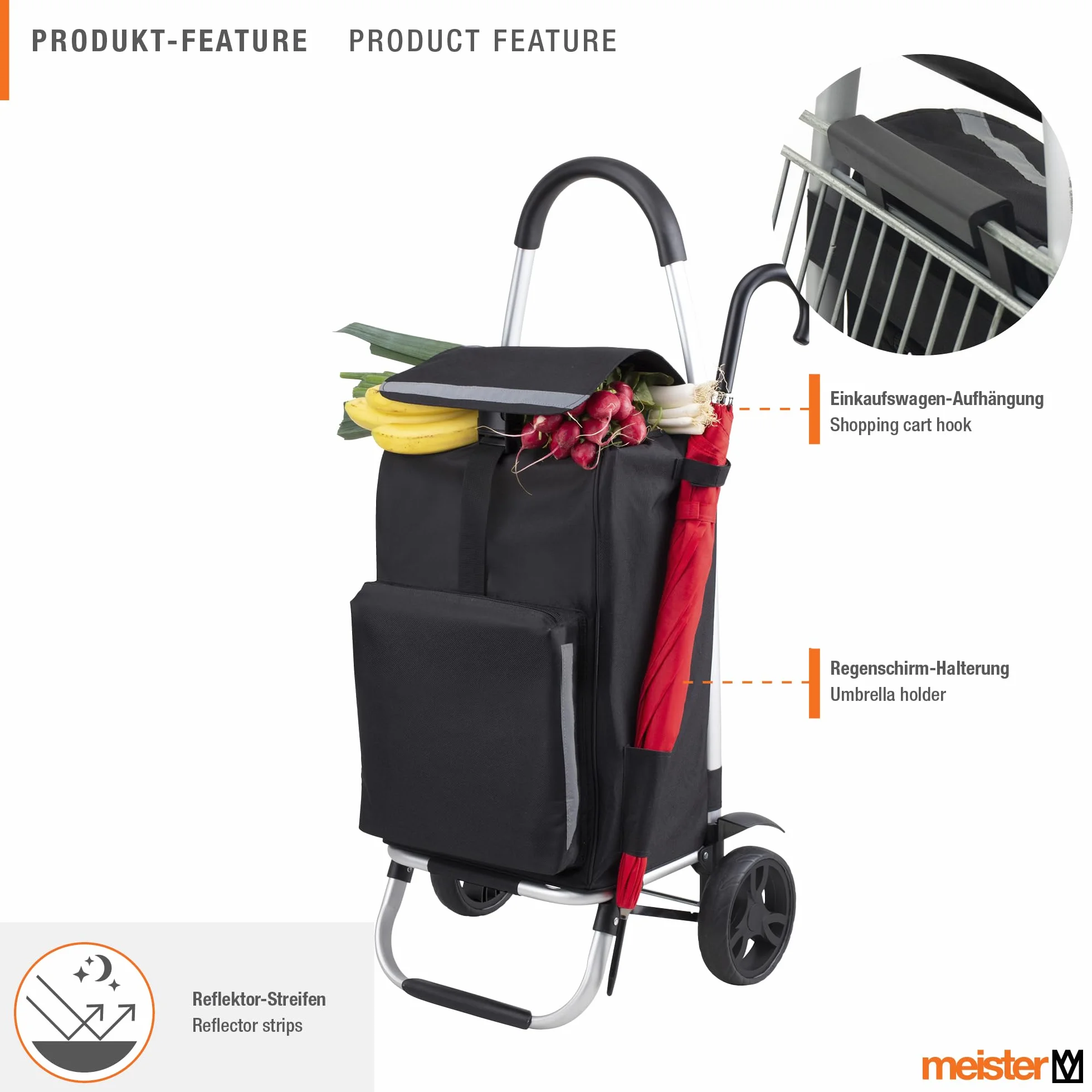 Chariot de Courses Meister 56 Litres Roues Larges Compartiment Réfrigérant Sac Amovible Pliable