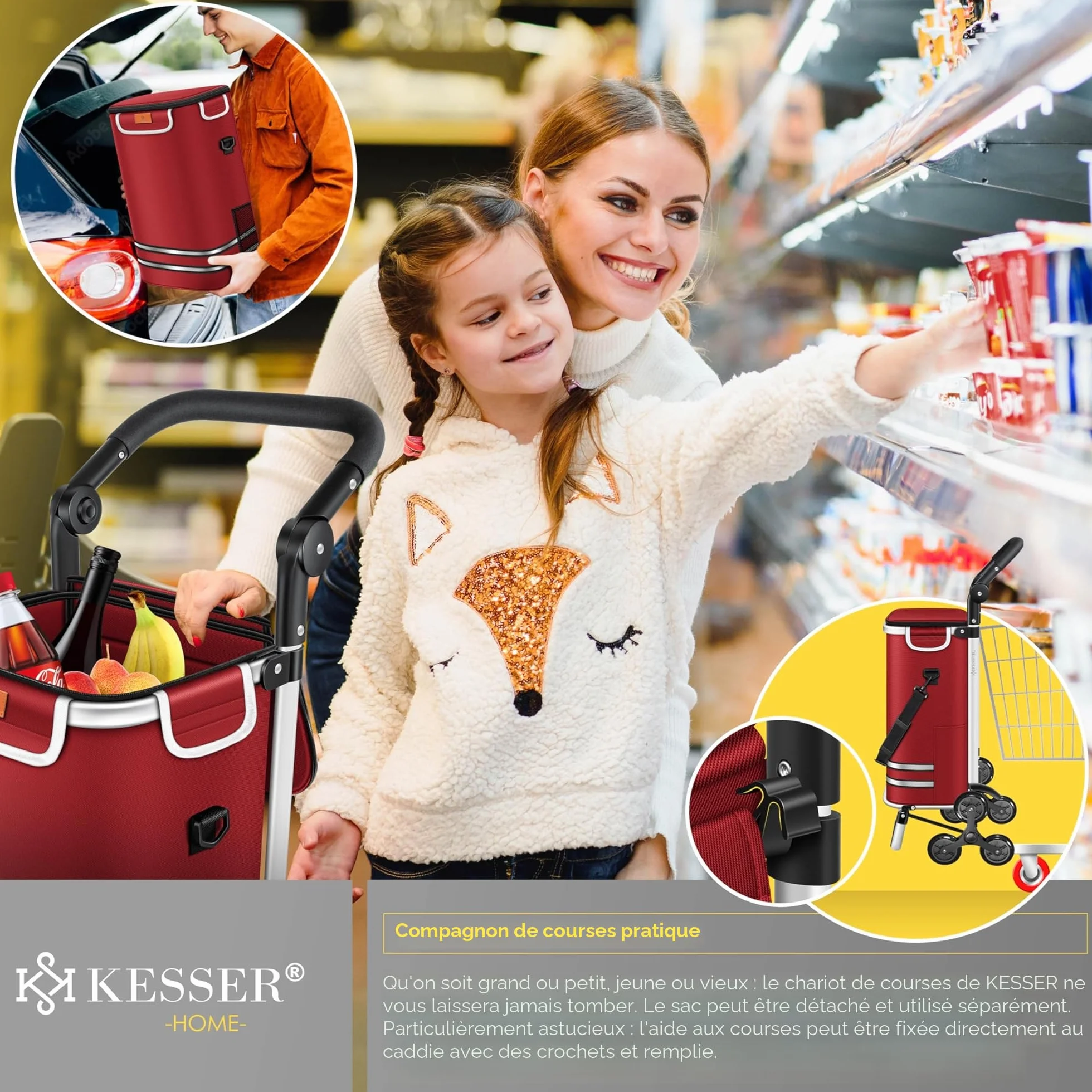 KESSER Chariot à provisions 56 L 50 kg pliable 3 en 1 avec compartiment réfrigérant Bordeaux