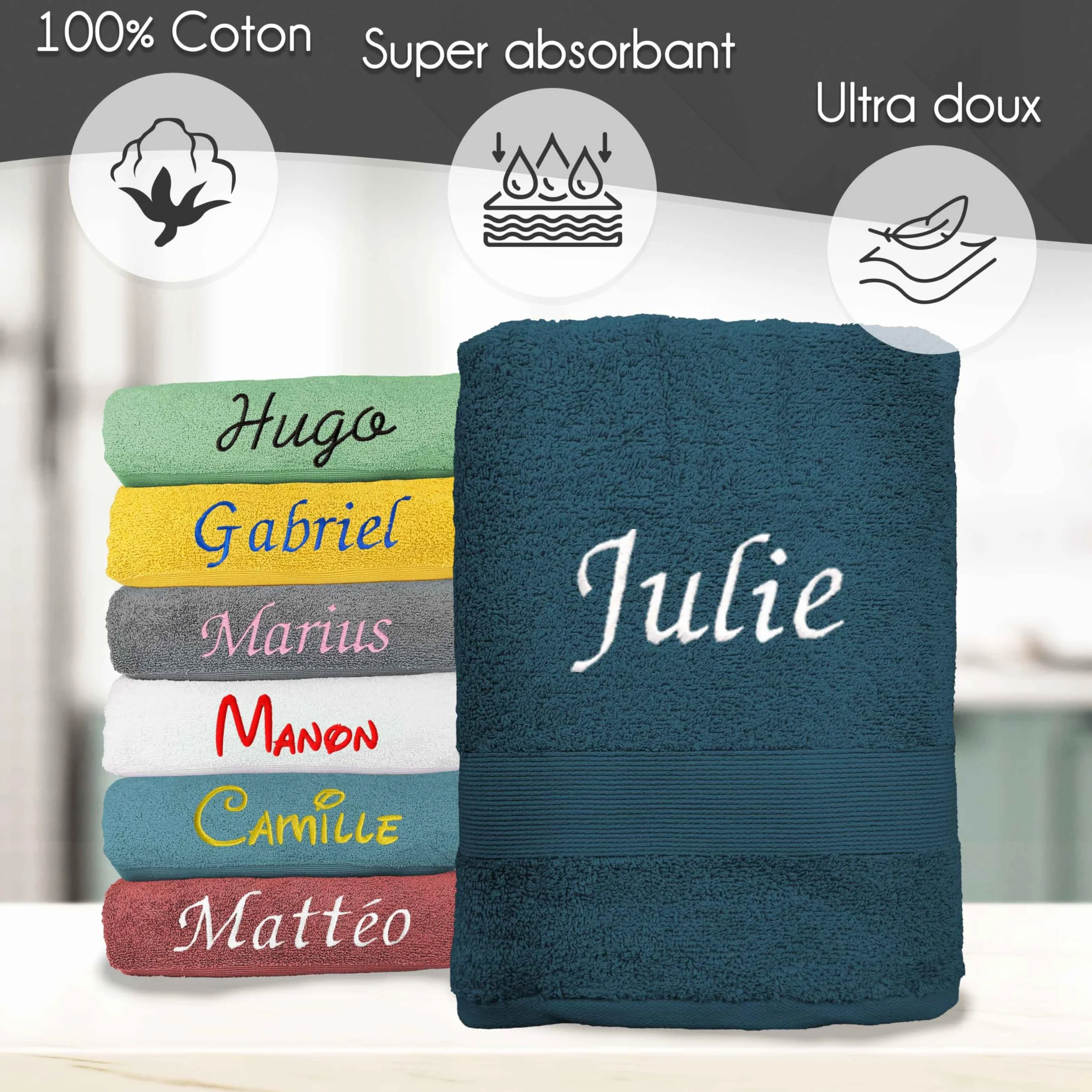 Serviette personnalisée 100% Coton Prénom brodé Drap de Bain Douche 70x130cm Bleu Nuit Cadeau Noël Anniversaire