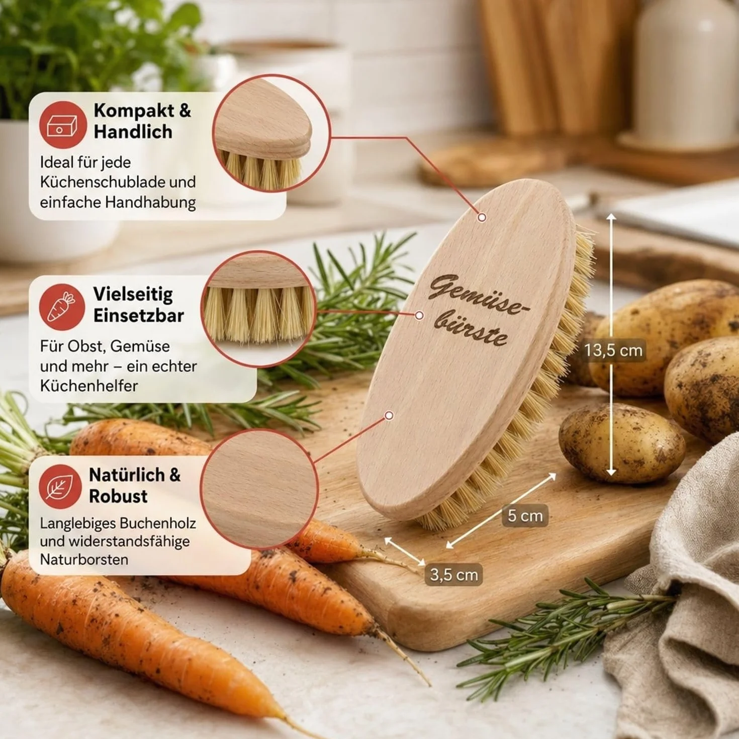 Brosse à légumes en bois de hêtre avec poils naturels durable pour laver légumes et fruits