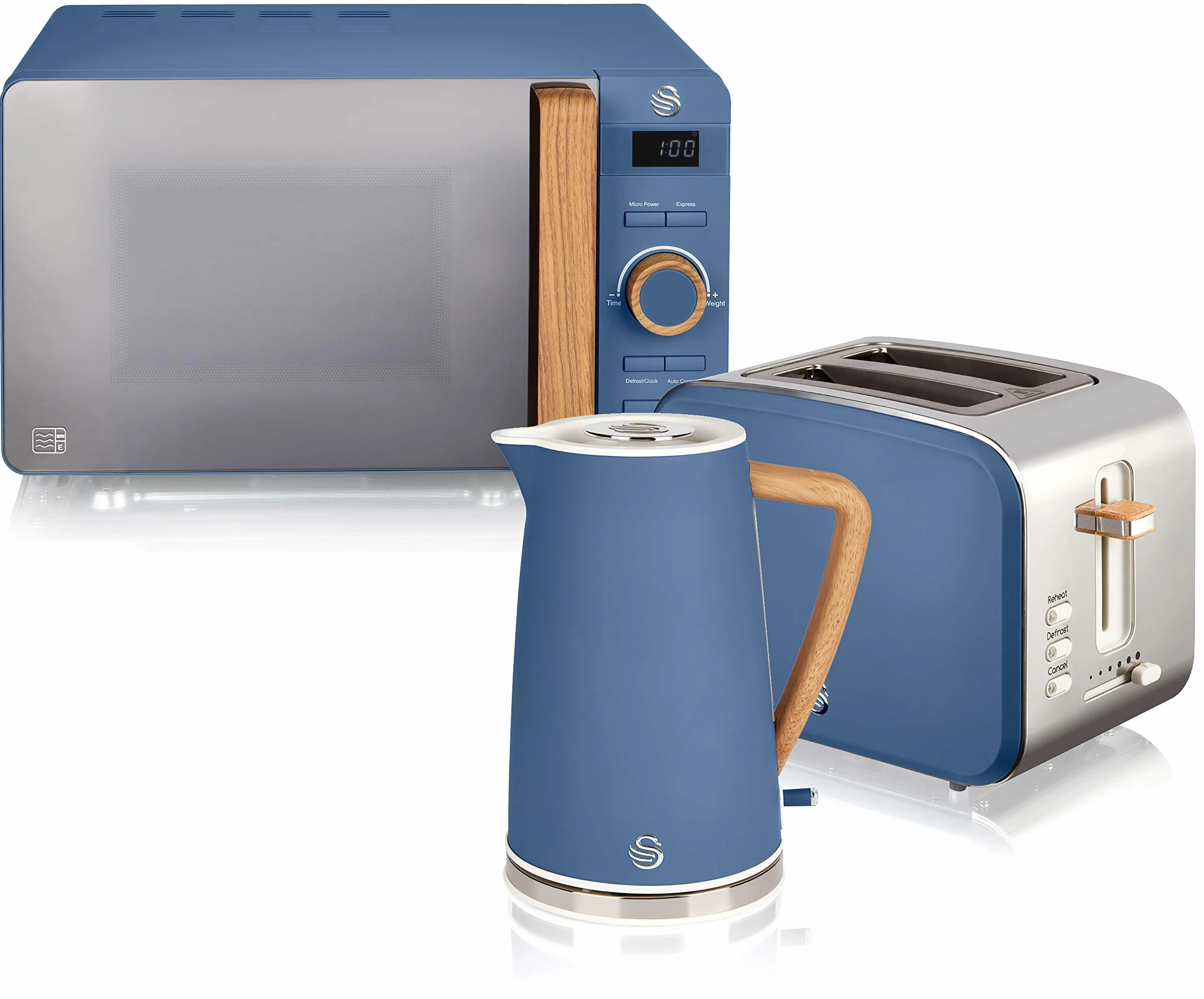 Swan Nordic Set Petit Déjeuner Bouilloire 1,7L 2200W Grille-pain 2 tranches Micro-ondes 20L numérique bleu mat