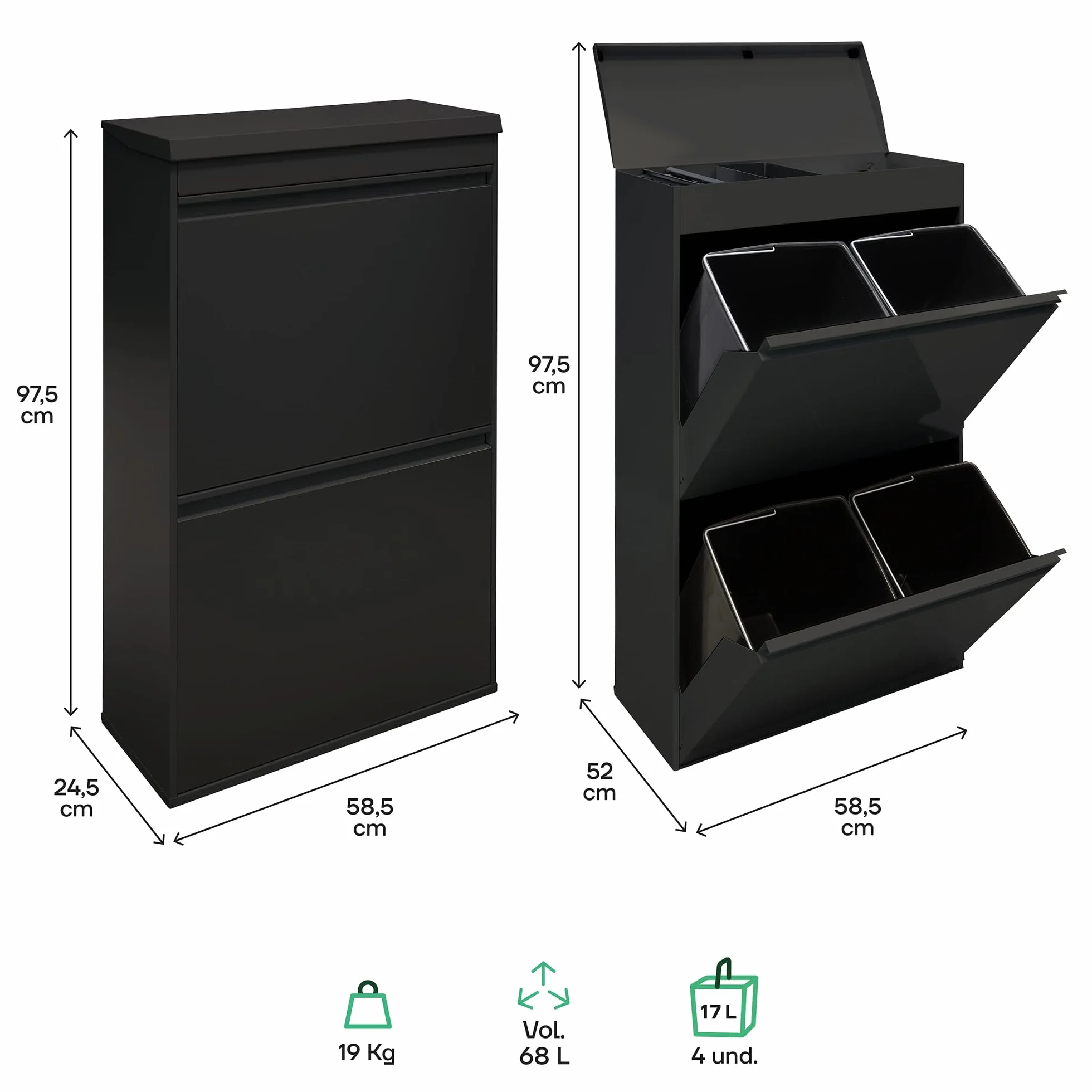 ARREGUI Top CR626-B Poubelle de recyclage en acier, tri sélectif, 4 seaux, 68 L, noir