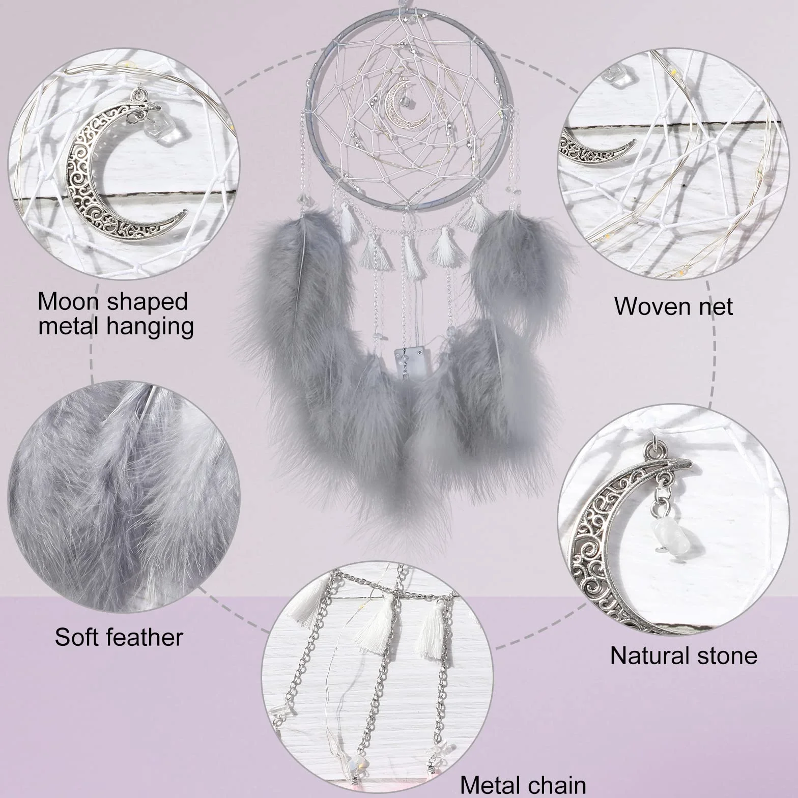 Attrapeur de Rêves LED Petit avec Lumière, Plumes Fait Main, Décoration Murale Maison (Gris)