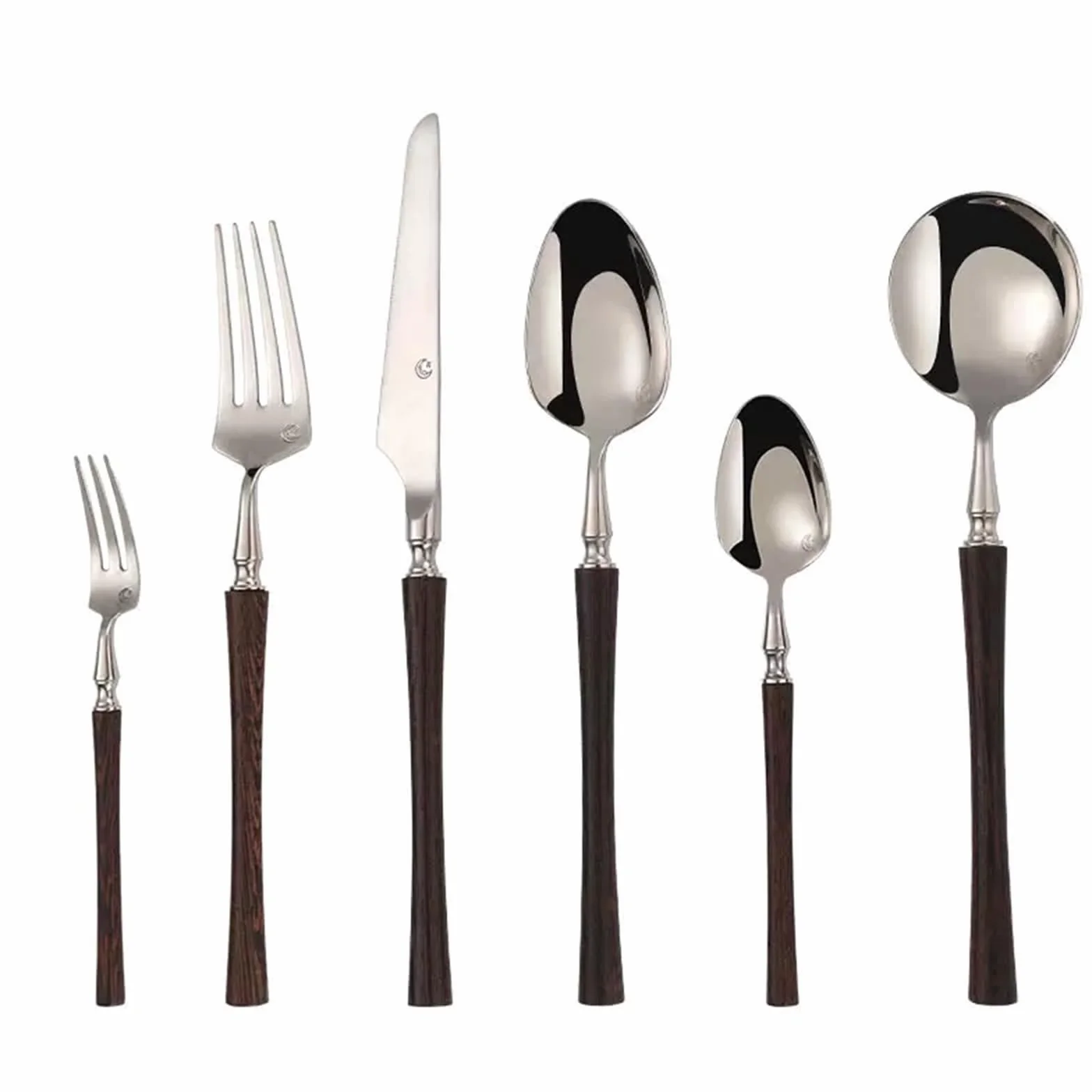 Ce Service de Couverts 36 pièces Comprend 6 Couverts à Manche en Bois, en Acier Inoxydable 18/8, de Style français, pour la Cuisine et Les banquets. Finition polie, Compatible Lave-Vaisselle