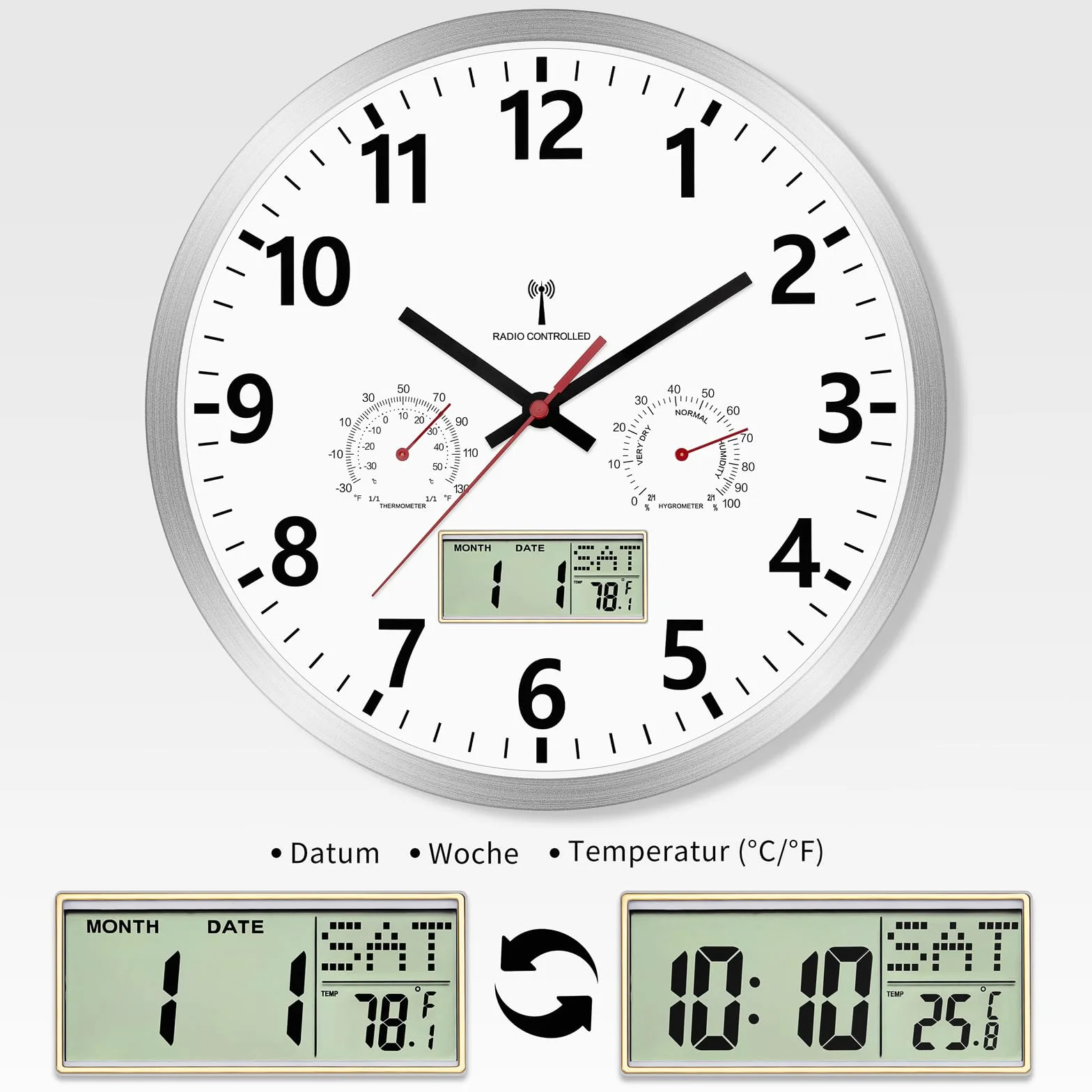 Foxtop Horloge Murale Radio-Pilotée 30 cm avec Hygromètre Thermomètre Écran LCD