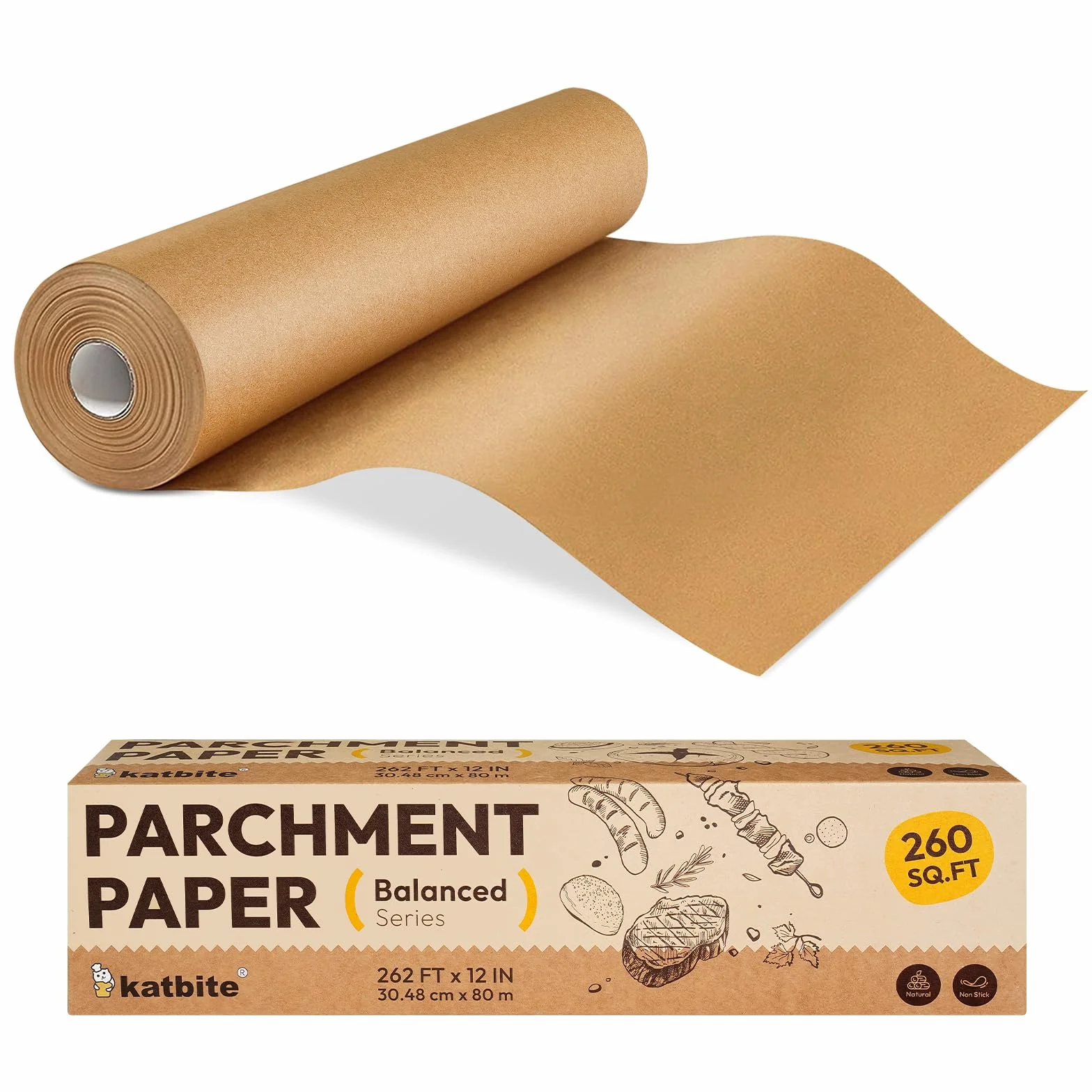 Katbite Rouleau Papier Sulfurisé Non Blanchi 30,5cm x 80m Antiadhésif Cuisson Friteuse Air
