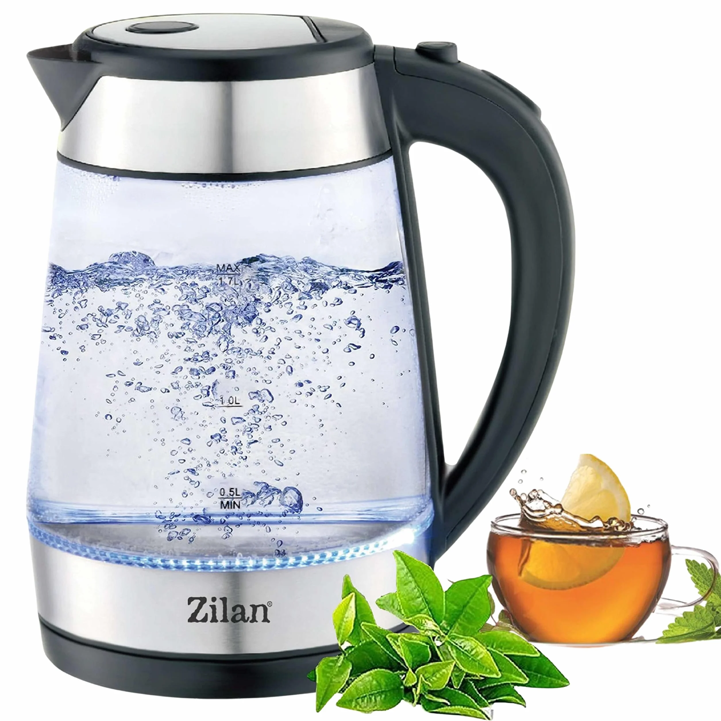 Bouilloire en verre et acier inoxydable 2200W 1,7L Éclairage LED bleu 360° Filtre anti-calcaire Sans BPA