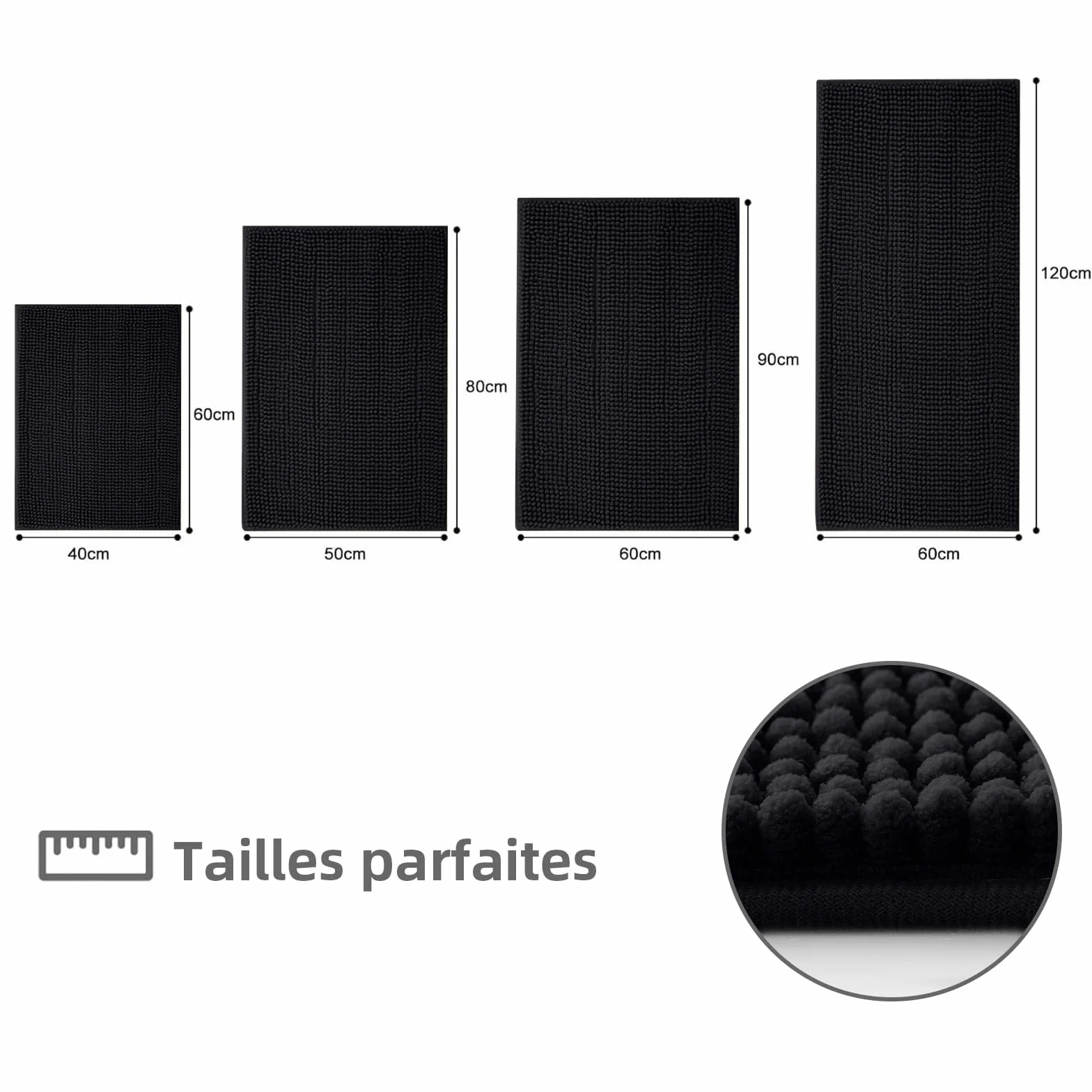 OLANLY Tapis de bain en chenille antidérapant 60 x 120 cm noir