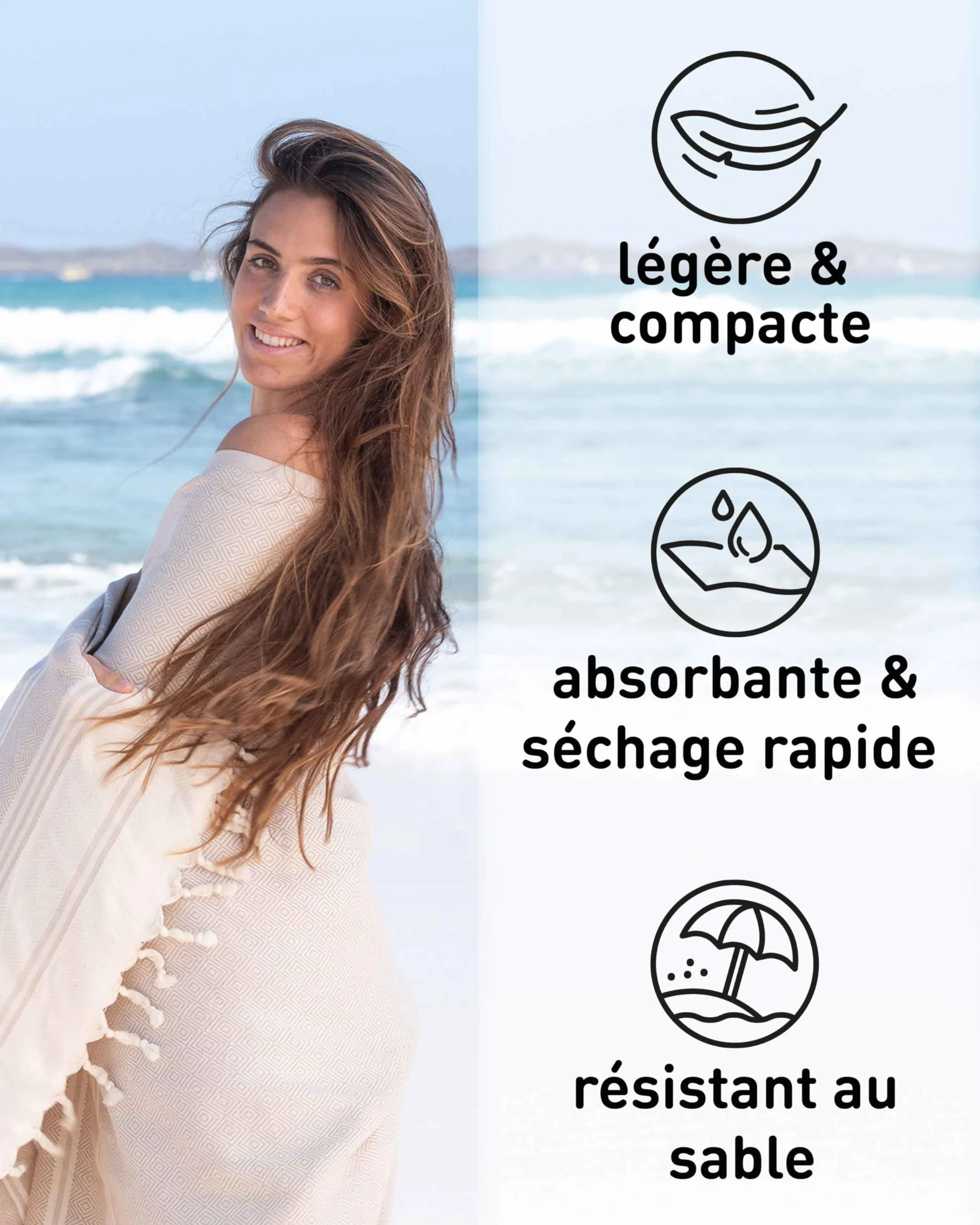 Fit-Flip Serviette de Plage Fouta Coton 100% 100x200cm Sable
