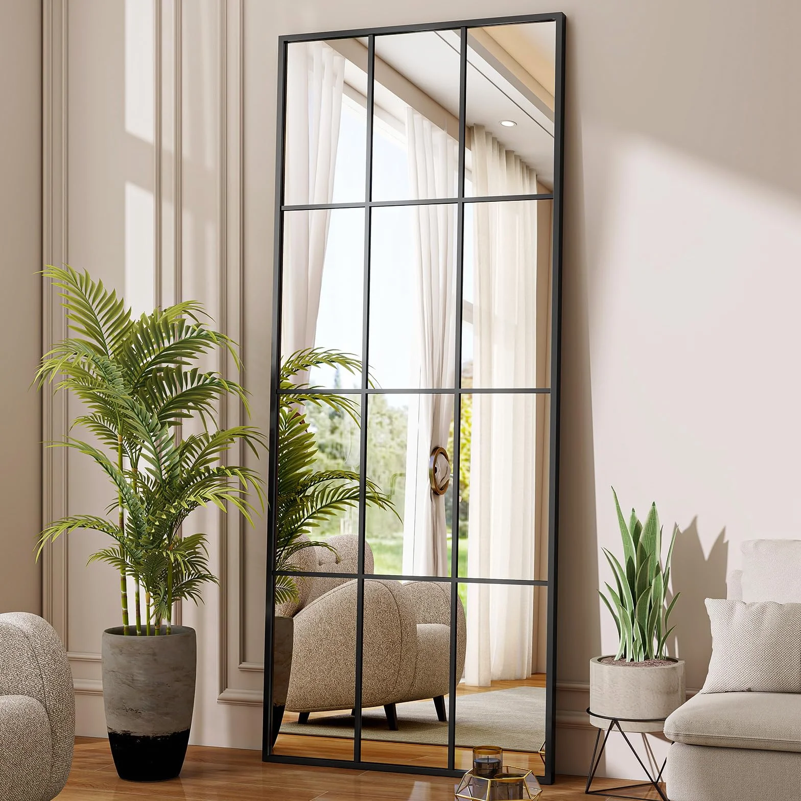 Koonmi Miroir Fenêtre 60 x 165 cm Rectangulaire Grille Décorative Corps Plein Cadre Métal Suspendu Entrée Salon Noir