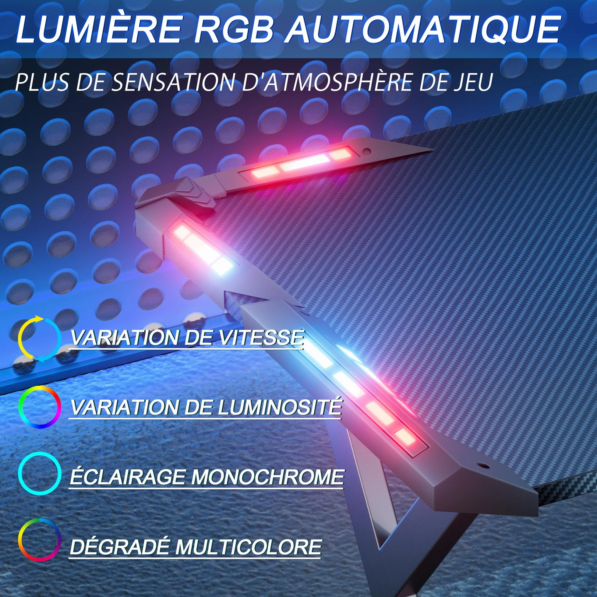Bureau Gaming LED 120 x 60 cm, Bureau Informatique Ergonomique avec Porte-gobelet et Crochet pour Casque, Plateau en Fibre de Carbone, Table Gaming Noire