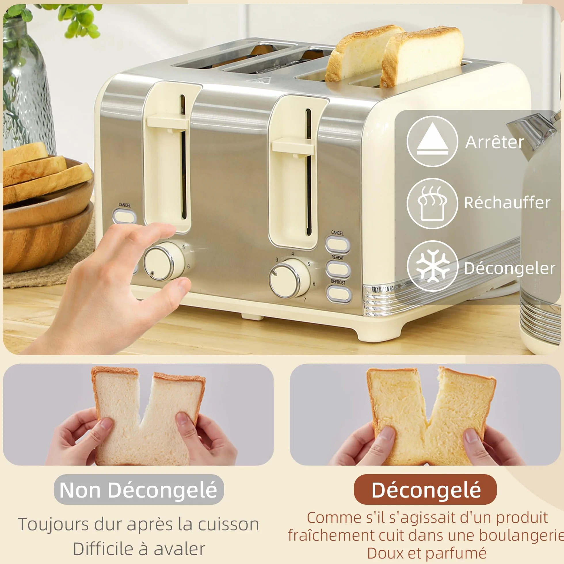 HOMCOM Ensemble bouilloire et grille-pain 2200 W, bouilloire inox 1,7 L, grille-pain 4 tranches, 7 niveaux brunissage, crème